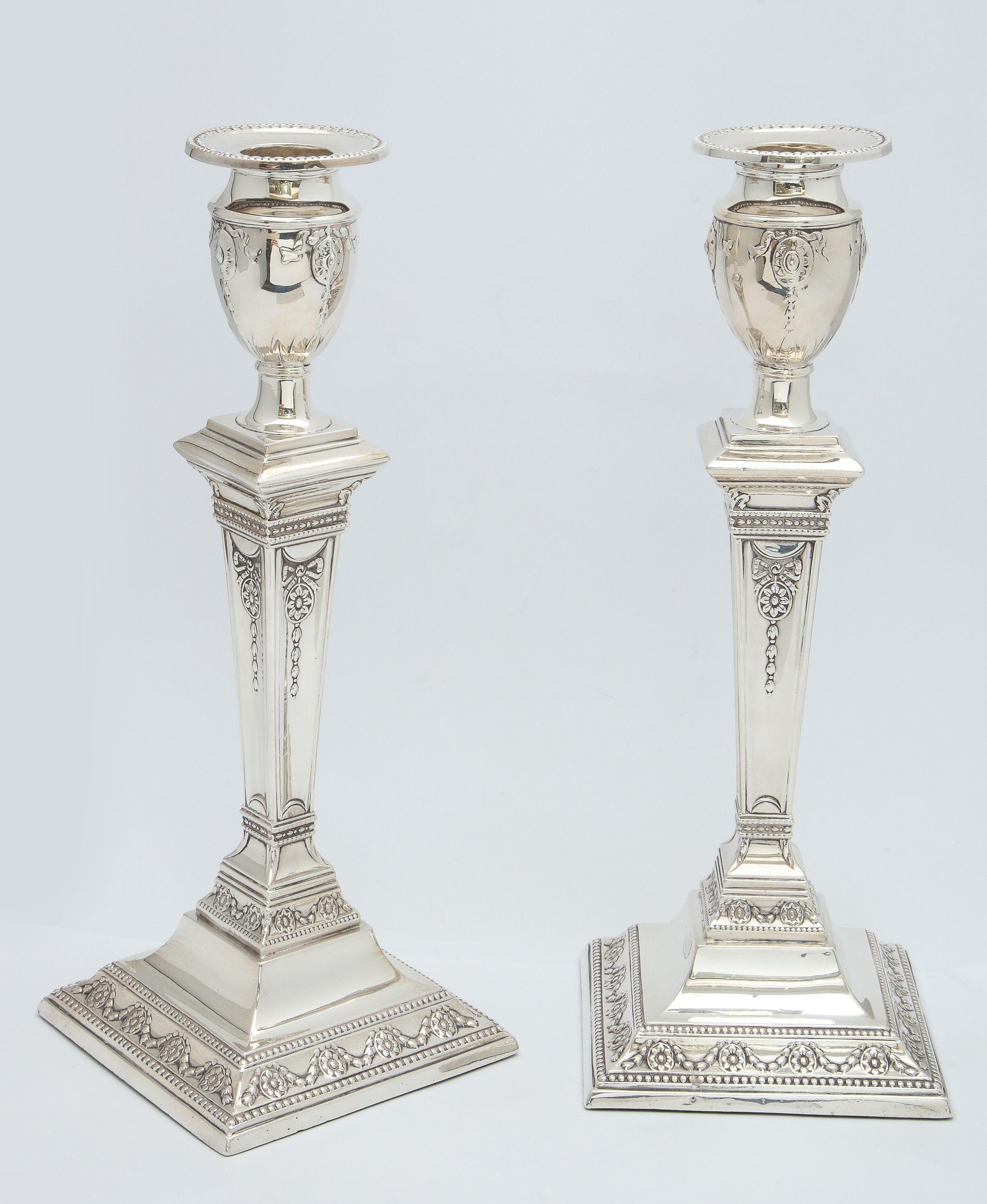 English Pair of Victorian Adam-Style Sterling Silver Candlesticks