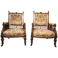 Pair of Victorian Aesthetic Period Gents & Ladies Walnut & Ebony Armchairs