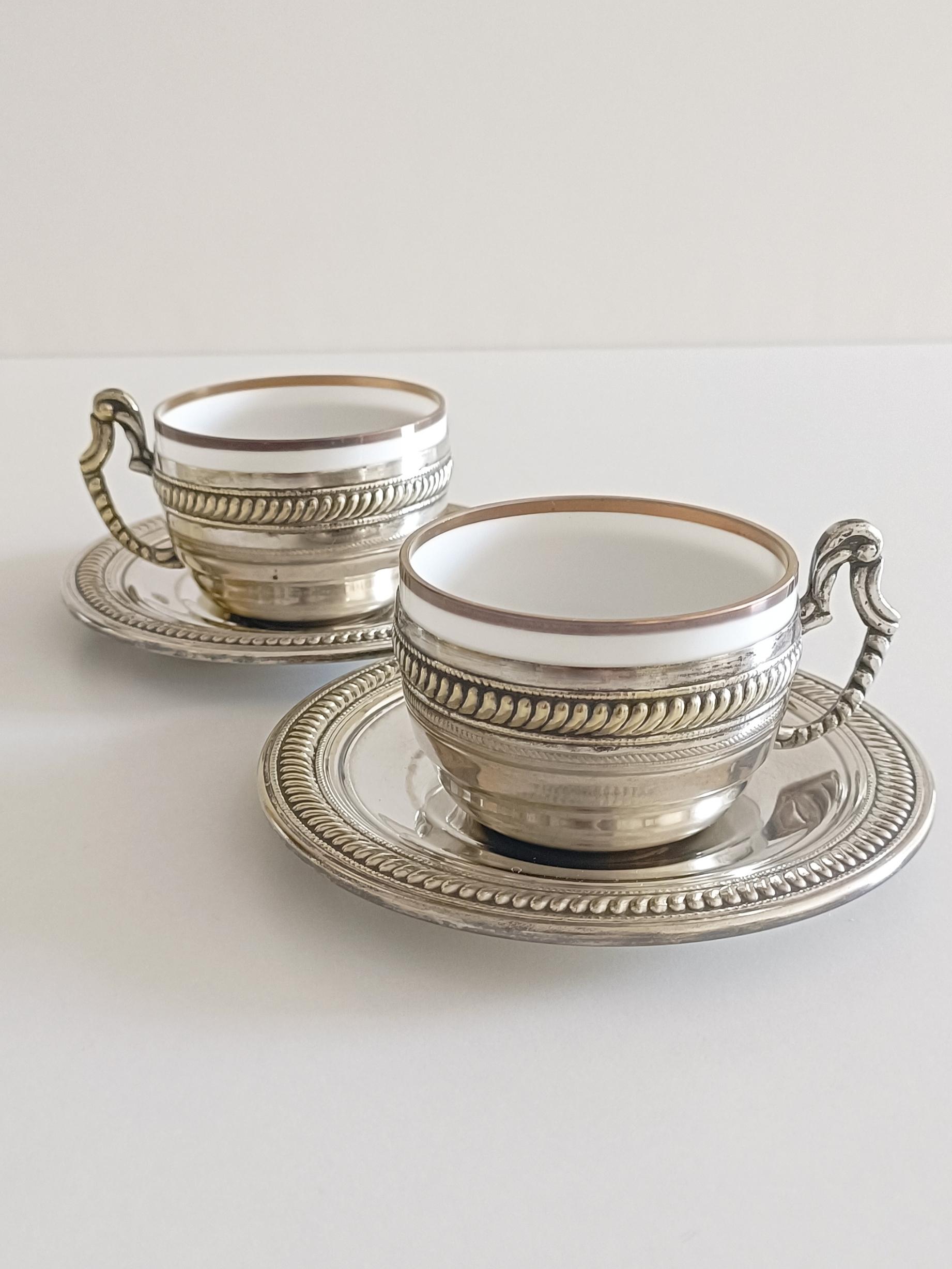 Pair of Victorian Alpaca Silver Tea or Coffee Cups and Plates, England 19th C. For Sale 3