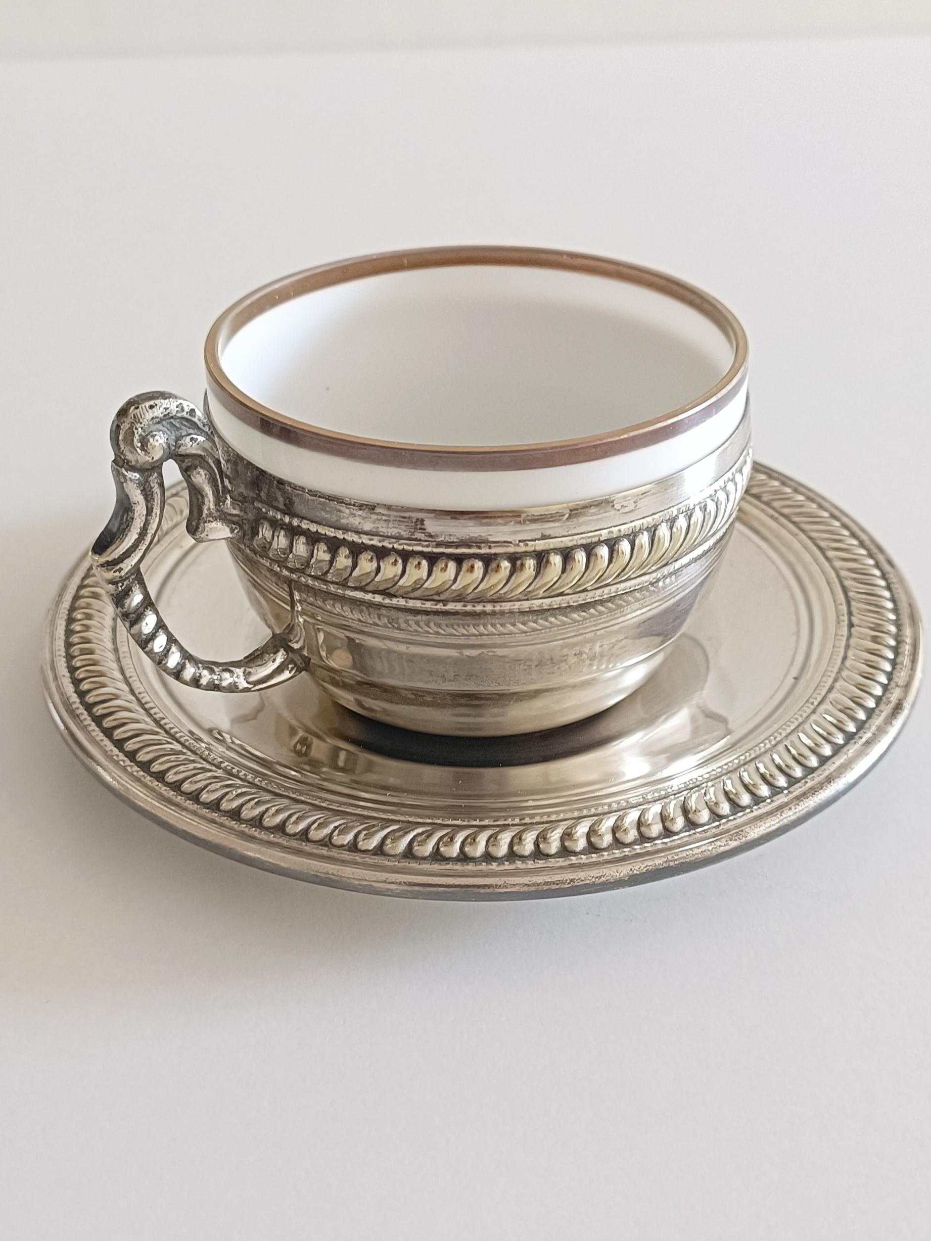 Pair of Victorian Alpaca Silver Tea or Coffee Cups and Plates, England 19th C. For Sale 5