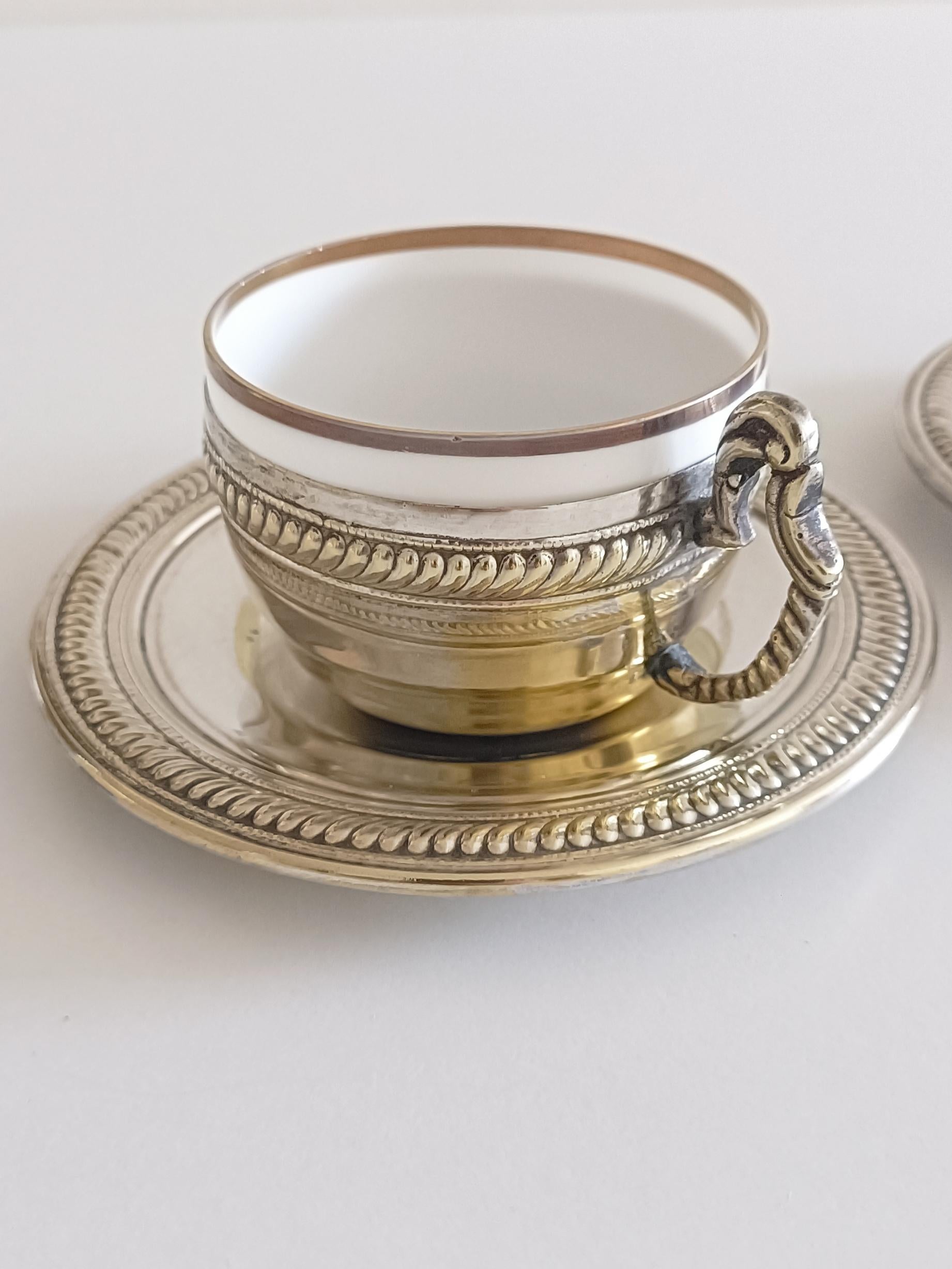 Pair of Victorian Alpaca Silver Tea or Coffee Cups and Plates, England 19th C. For Sale 7