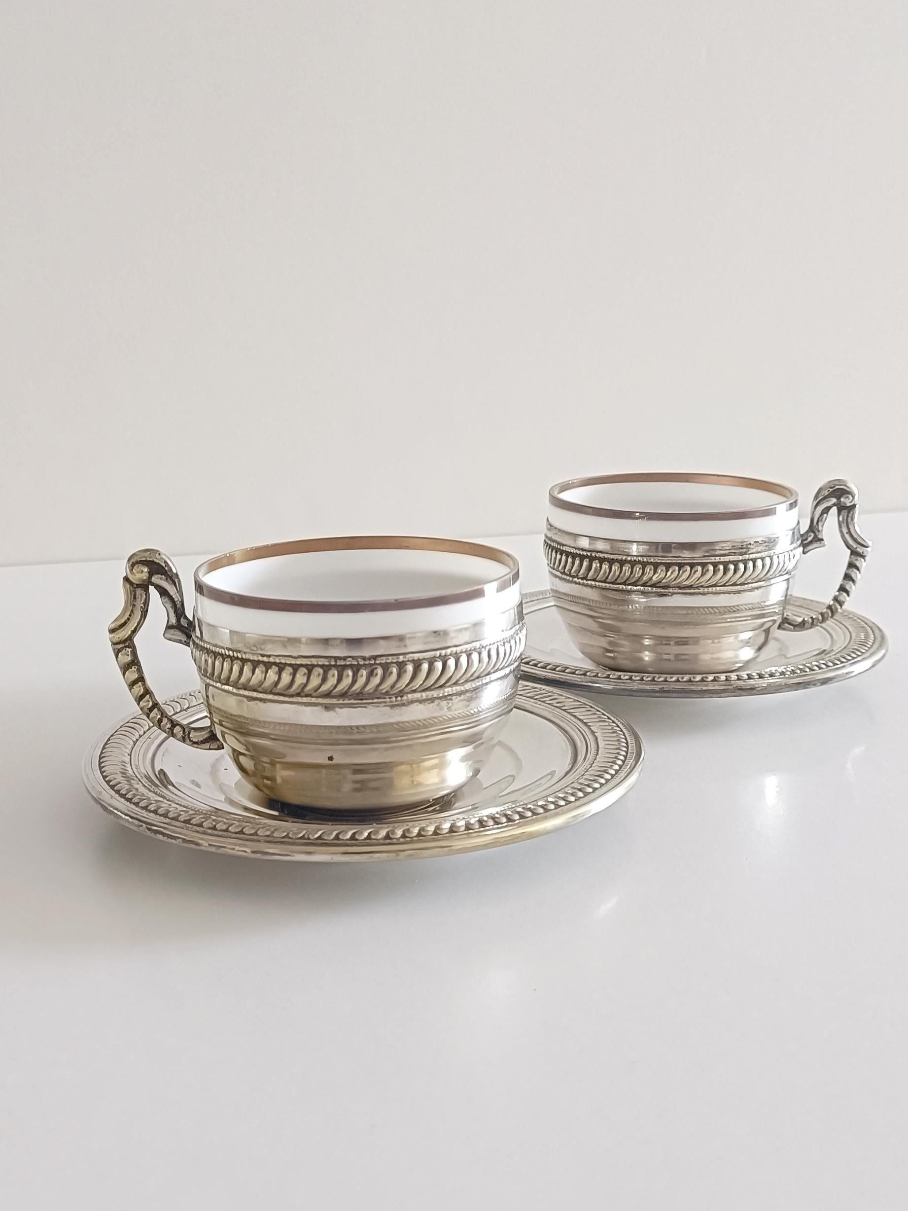 Pair of Victorian Alpaca Silver Tea or Coffee Cups and Plates, England 19th C. For Sale 10