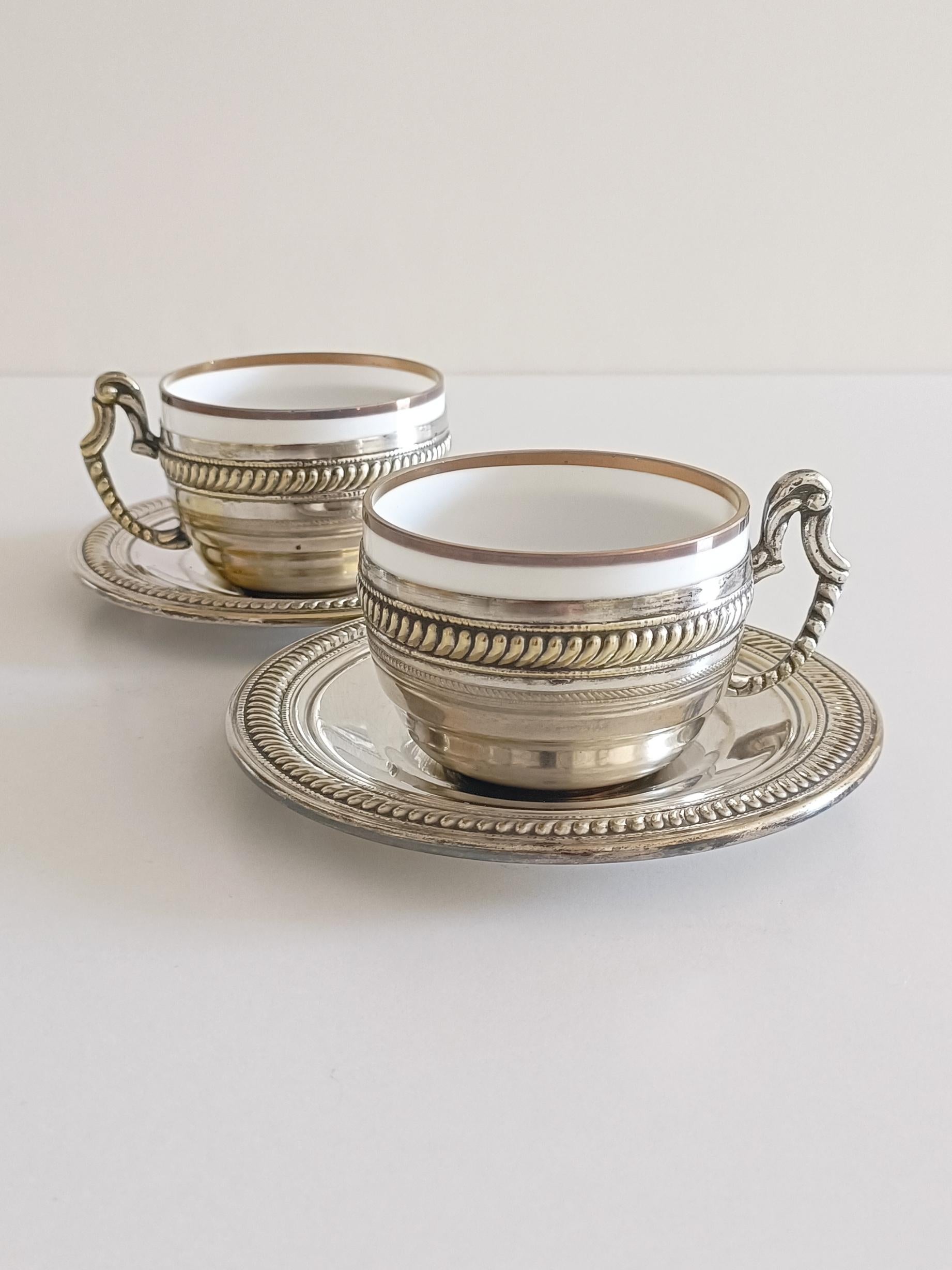 Pair of Victorian Alpaca Silver Tea or Coffee Cups and Plates, England 19th C. For Sale 11