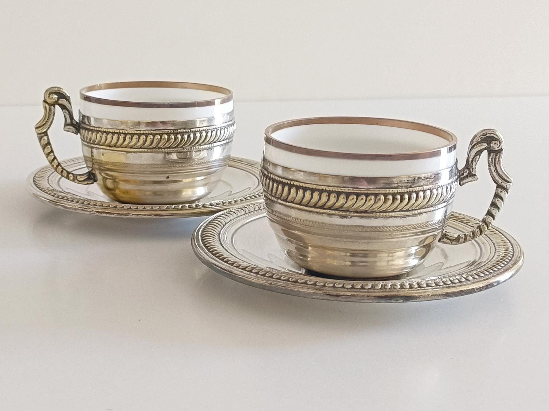Pair of Victorian Alpaca Silver Tea or Coffee Cups and Plates, England 19th C. For Sale 12