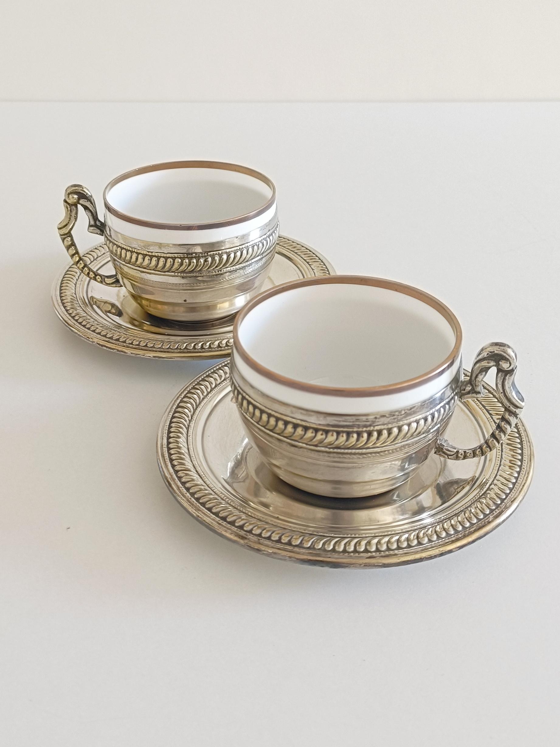 Pair of Victorian Alpaca Silver Tea or Coffee Cups and Plates, England 19th C. For Sale 13