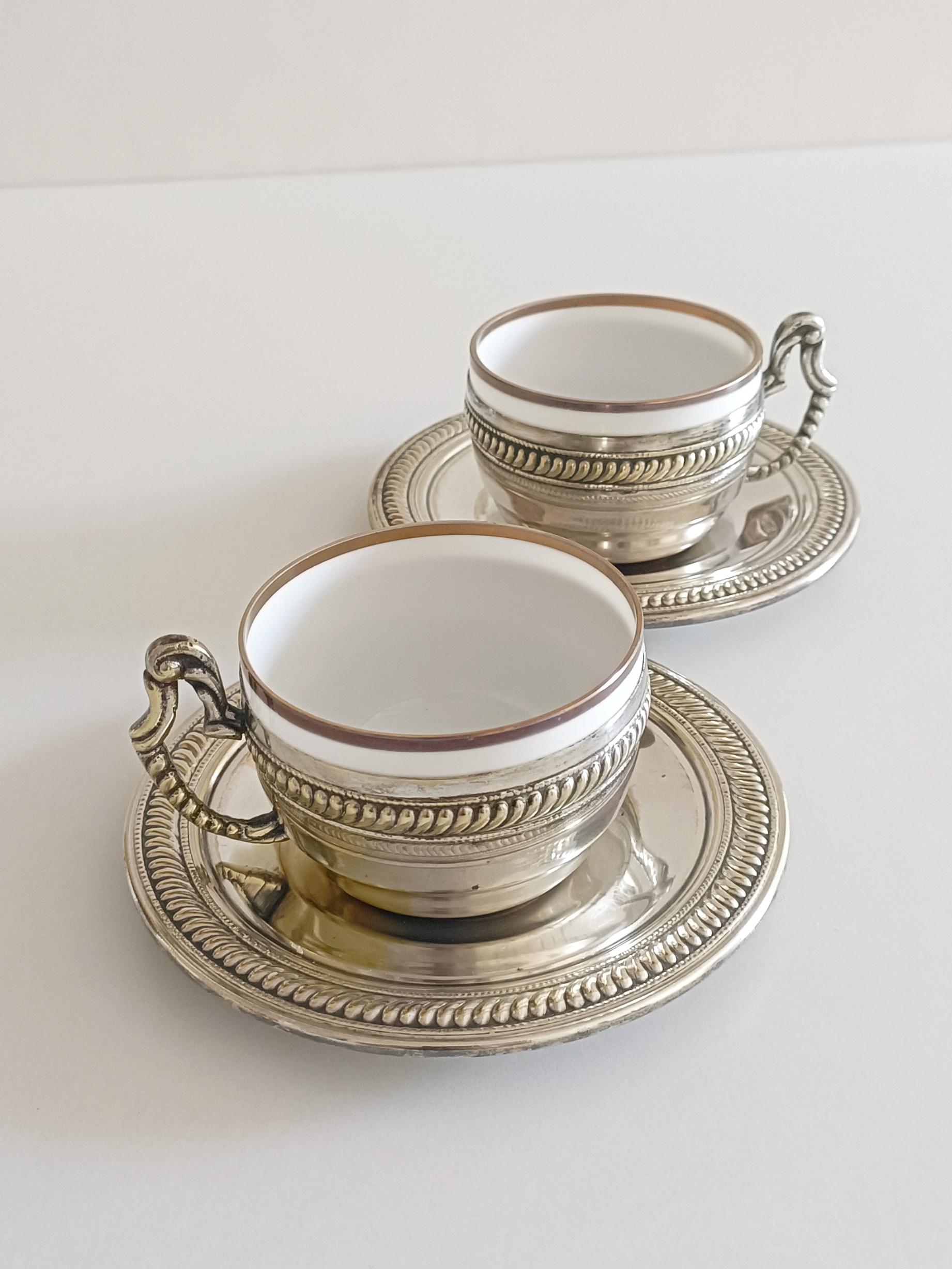 Metal Pair of Victorian Alpaca Silver Tea or Coffee Cups and Plates, England 19th C. For Sale