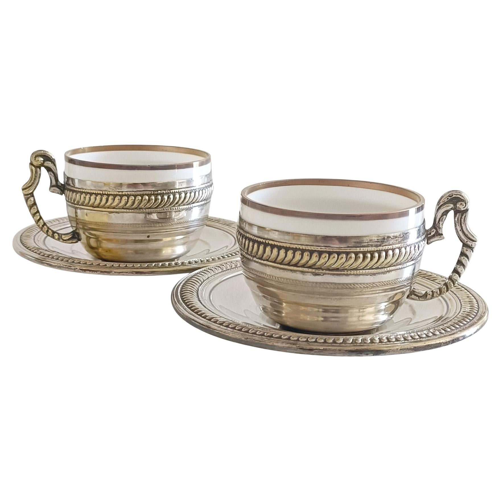 Pair of Victorian Alpaca Silver Tea or Coffee Cups and Plates, England 19th C. For Sale