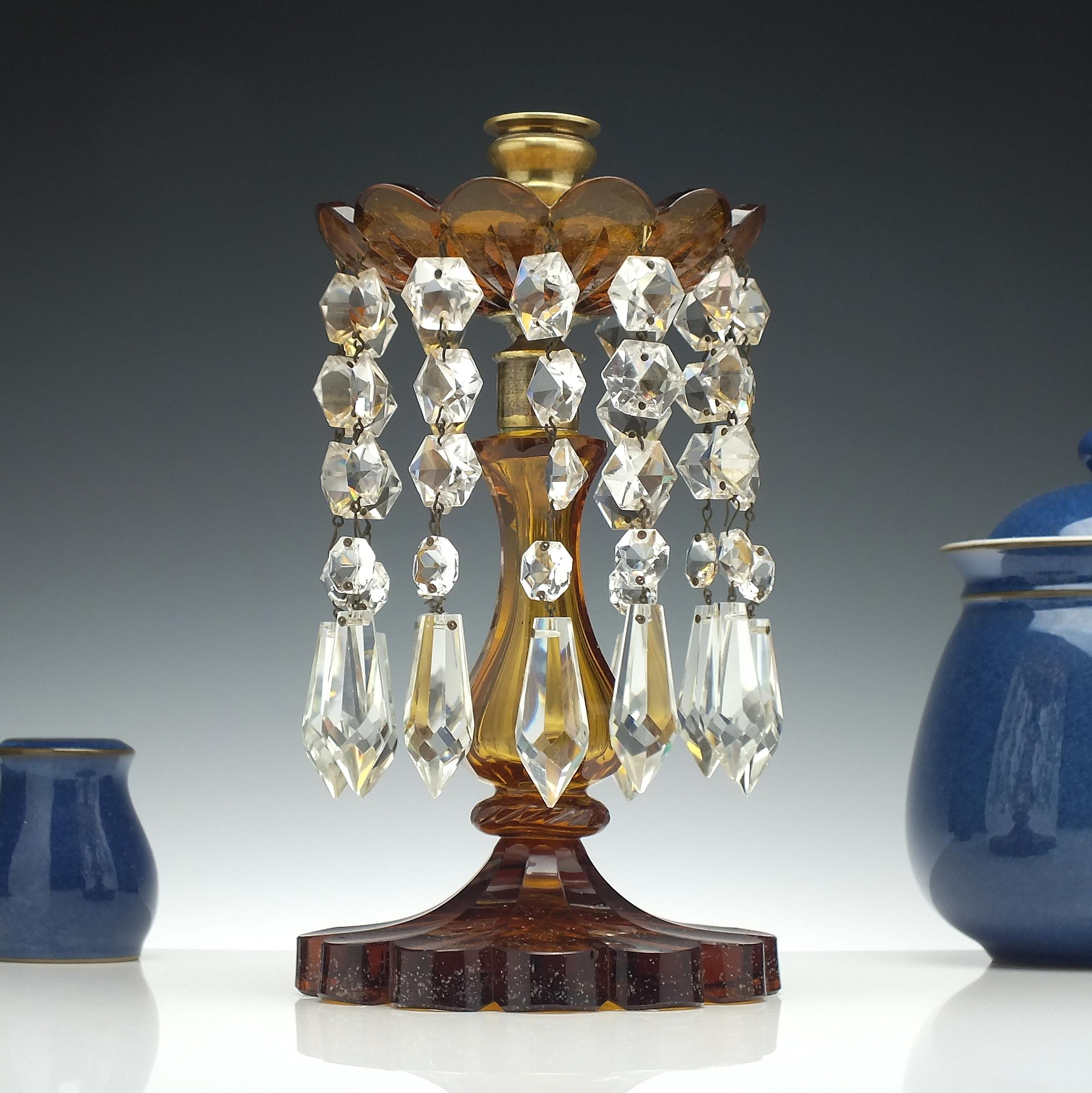 English Pair of Victorian Amber Glass Lustres, circa 1850 For Sale