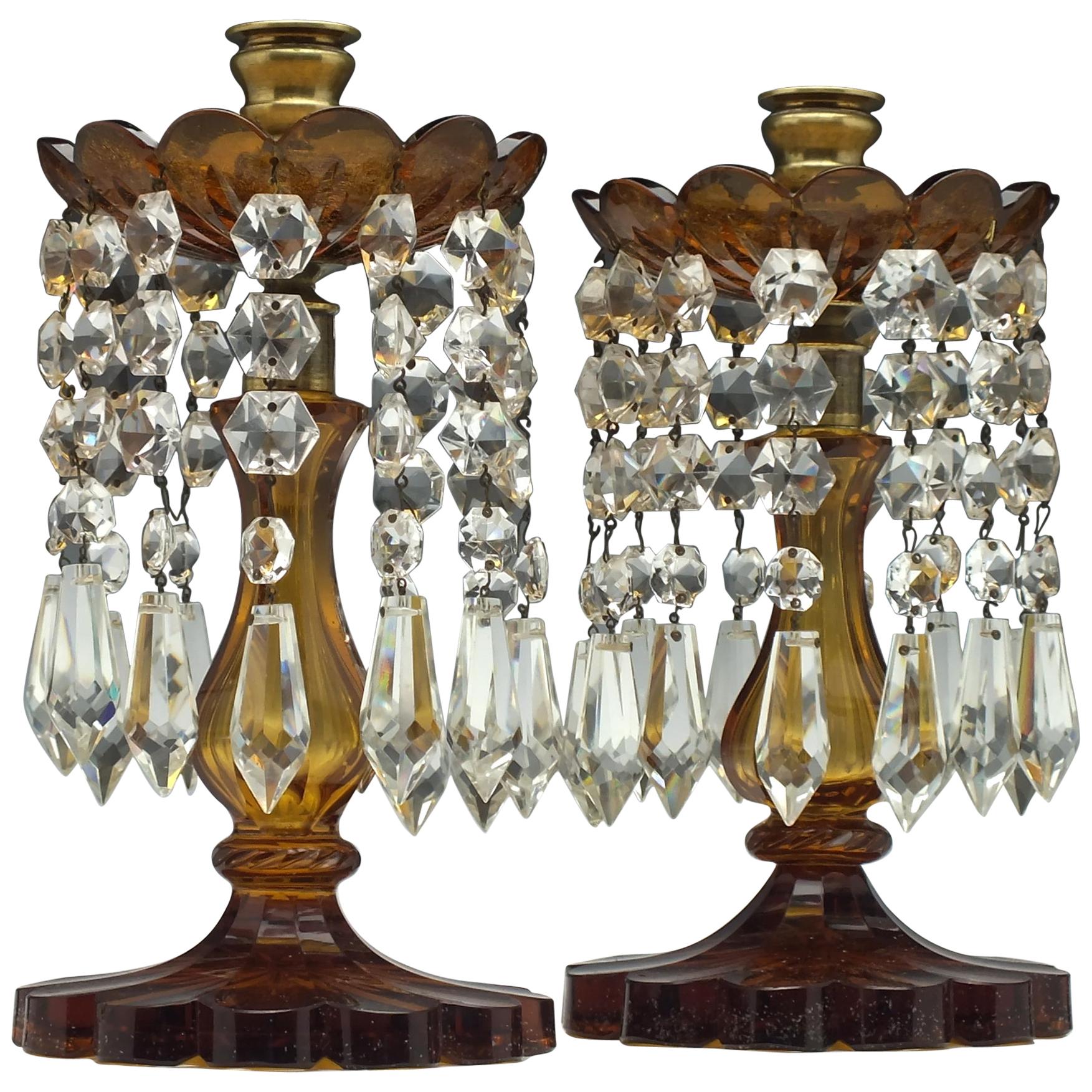 Pair of Victorian Amber Glass Lustres, circa 1850
