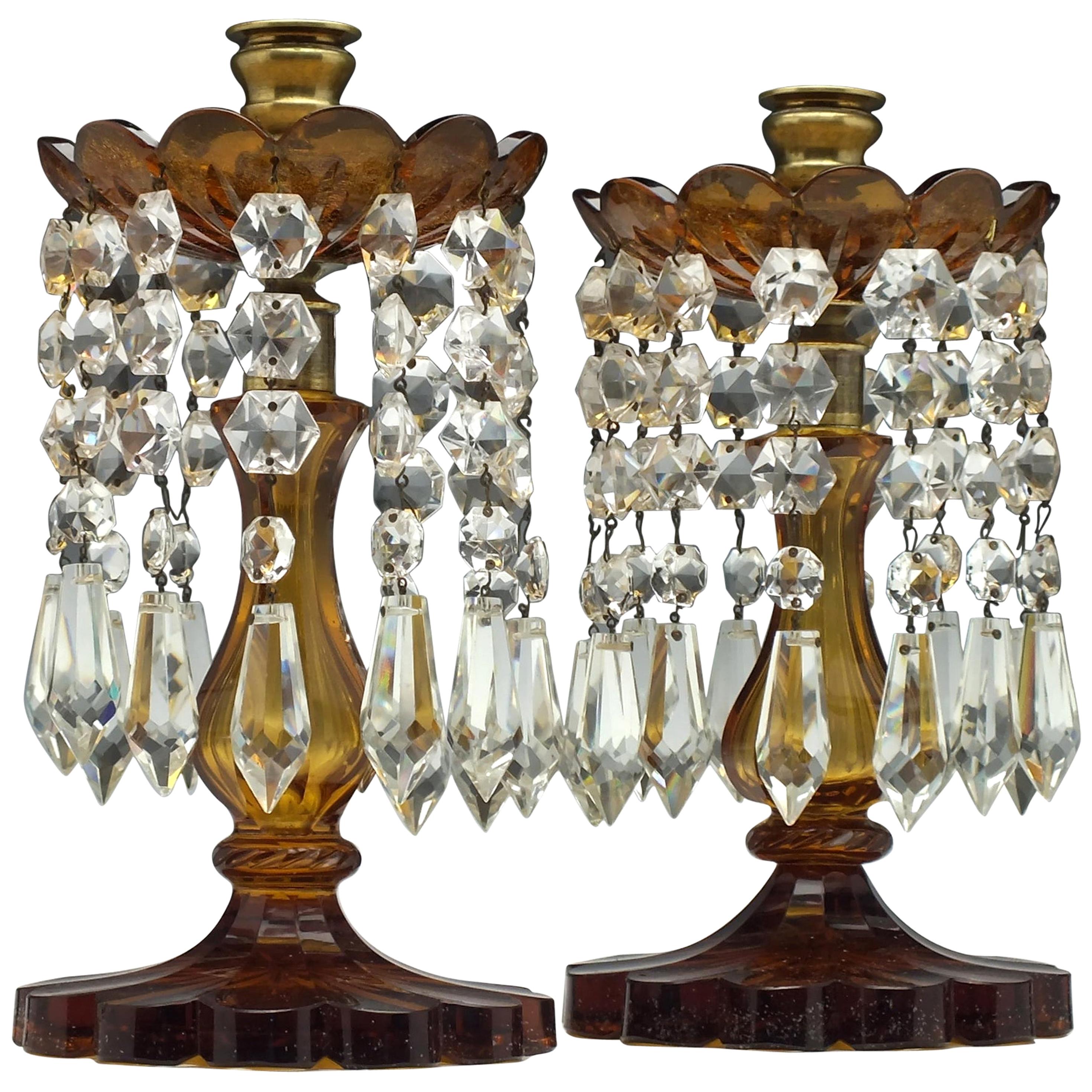 Pair of Victorian Amber Glass Lustres, circa 1850 For Sale