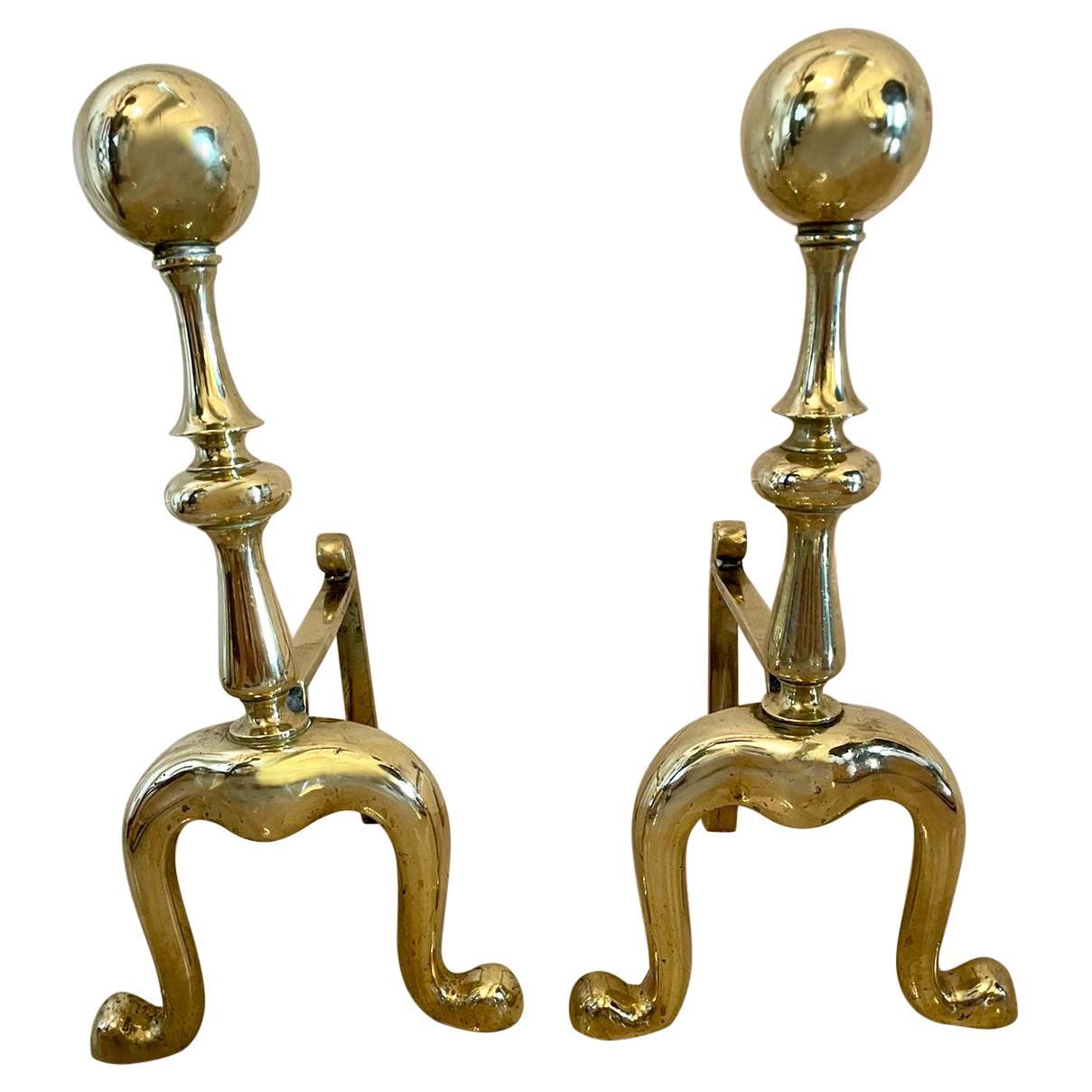 Pair of Victorian Antique Brass Fire Dogs For Sale