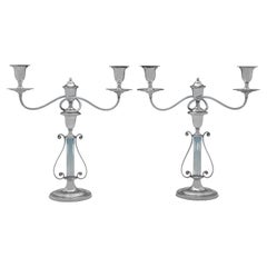Paire de candélabres victoriens anciens « Lyre » en métal argenté, fabriqués vers 1880