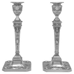 Pair of Victorian Antique Sterling Silver Candlesticks, Adam Style, 1899
