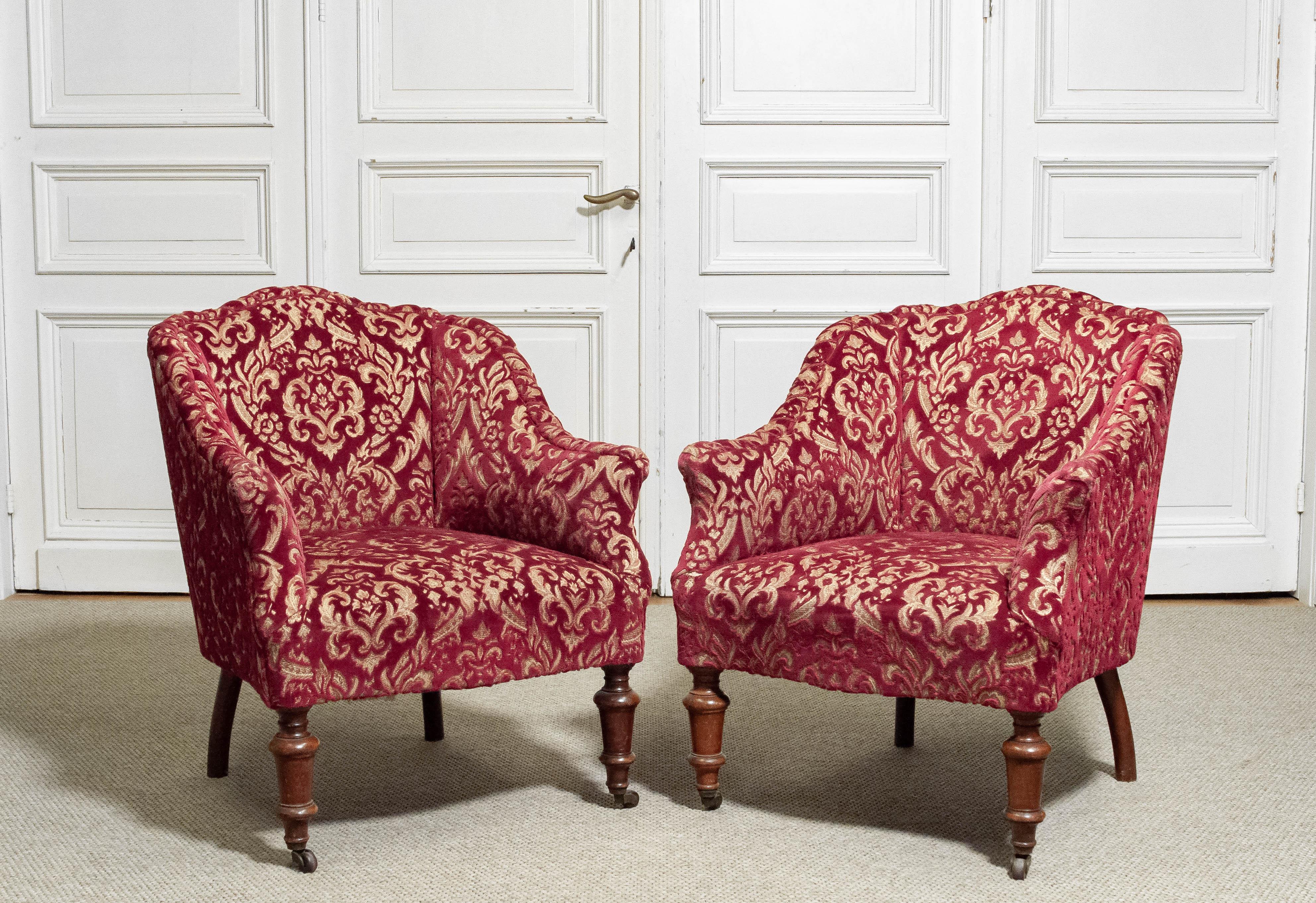 Velvet Pair of Victorian Armchairs, England, circa 1850s