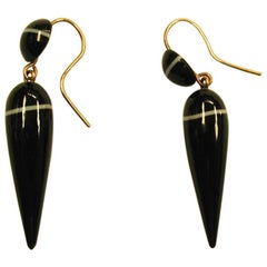 Pair of Victorian Banded Agate Drop Earrings, 9 Carat Gold Fittings