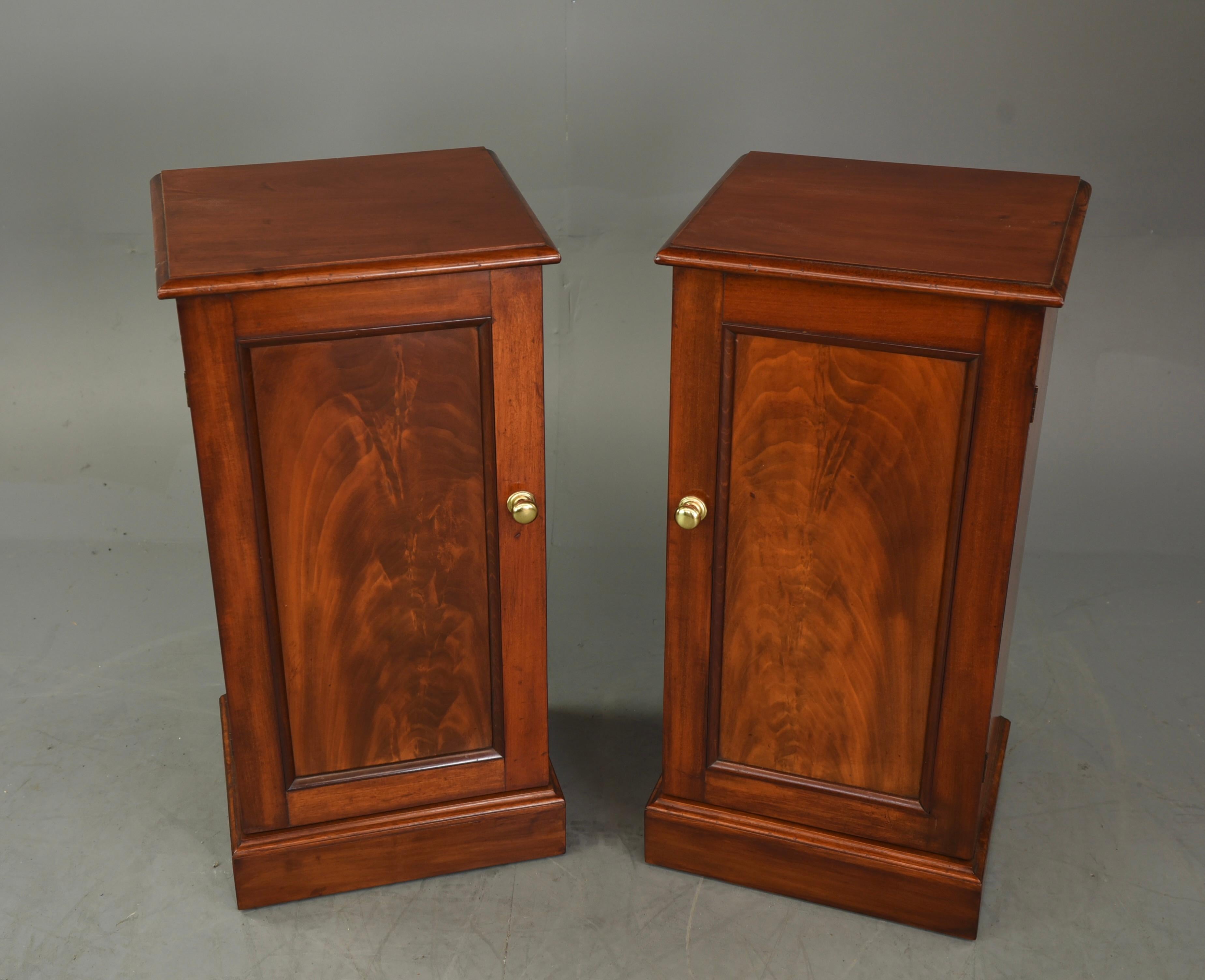 fine quality pair of Victorian mahogany bedside cabinets 
fully restored and cleaned inside and out nice proportions with wonderful flame mahogany doors . 