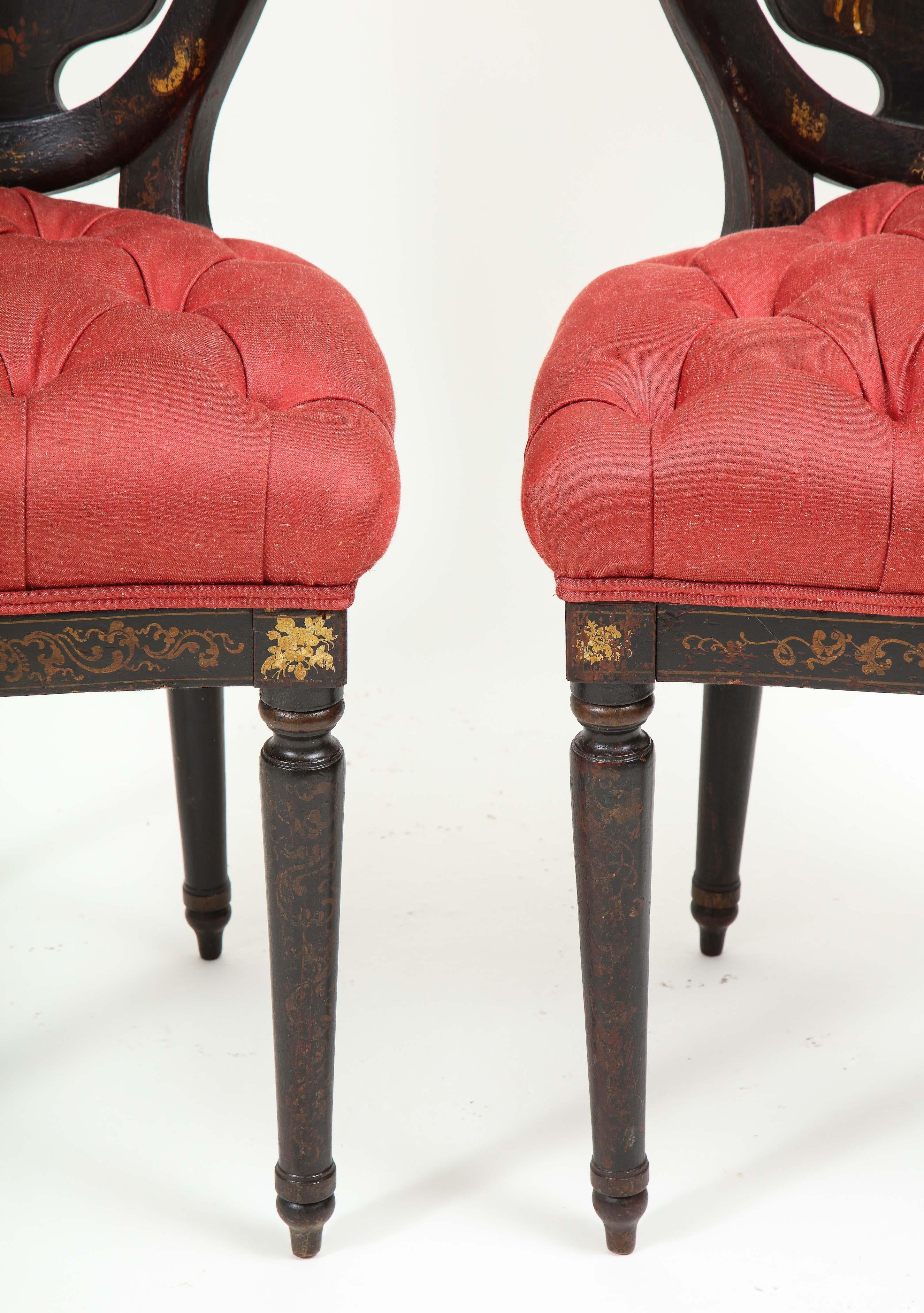Chinoiserie Pair of Victorian Black Japanned and Gilt Side Chairs