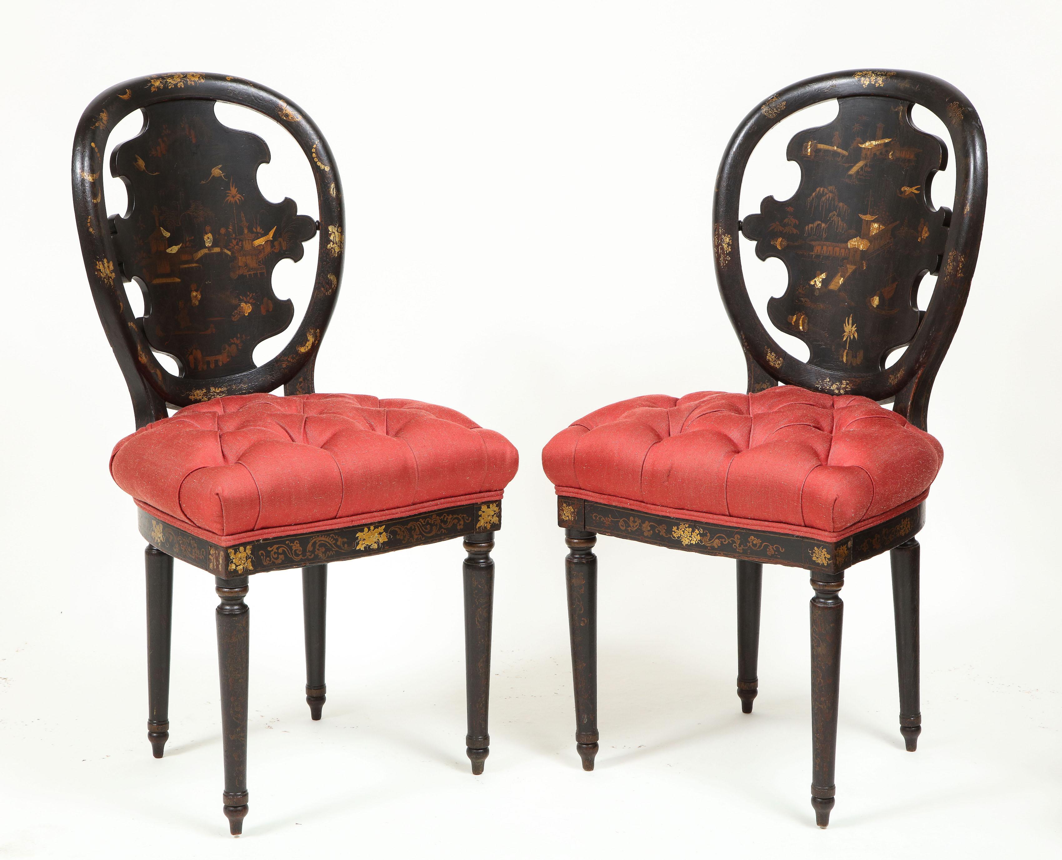 Pair of Victorian Black Japanned and Gilt Side Chairs In Fair Condition In New York, NY