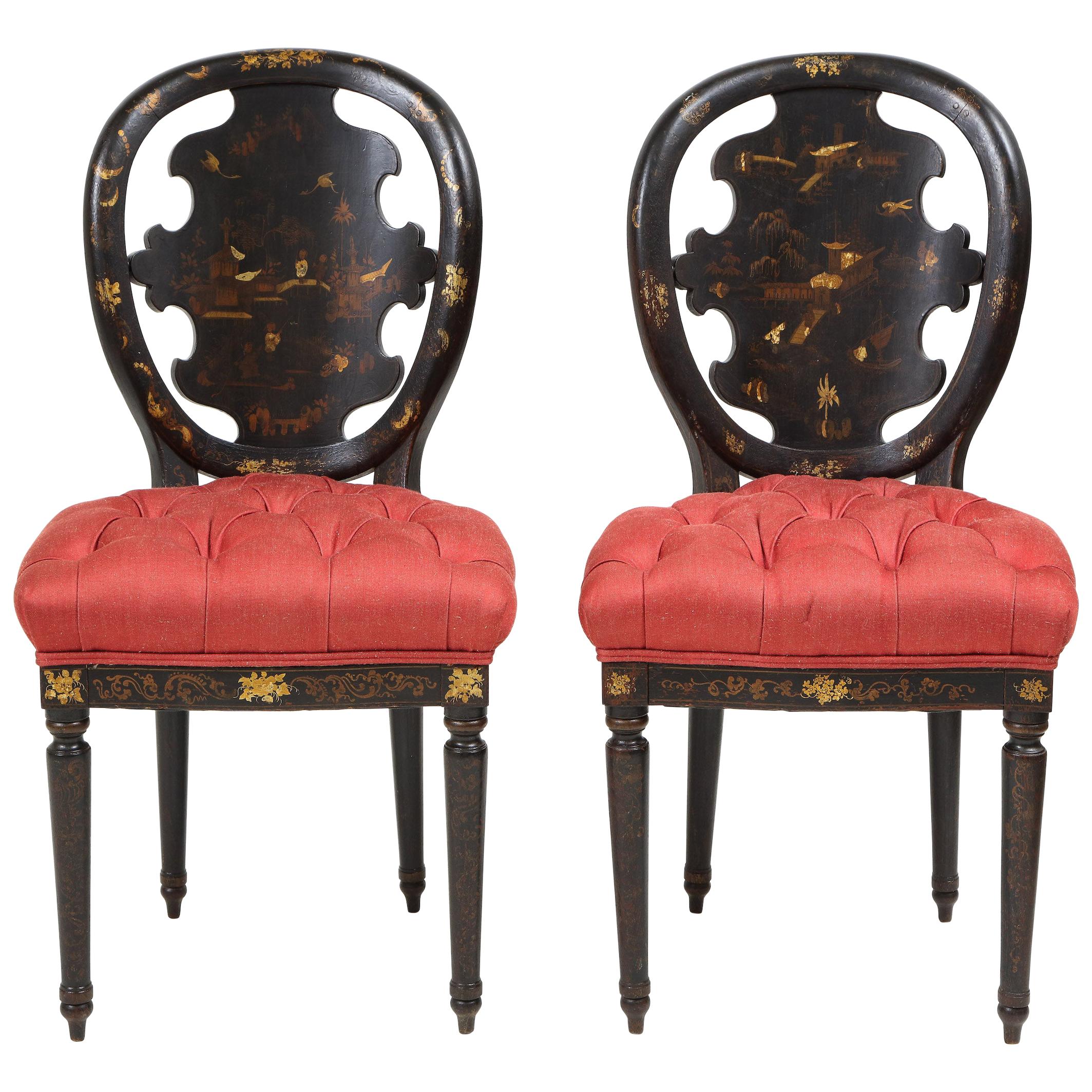 Pair of Victorian Black Japanned and Gilt Side Chairs
