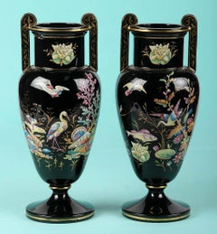 Pair of Victorian Black Vases with Enamel Paint, England