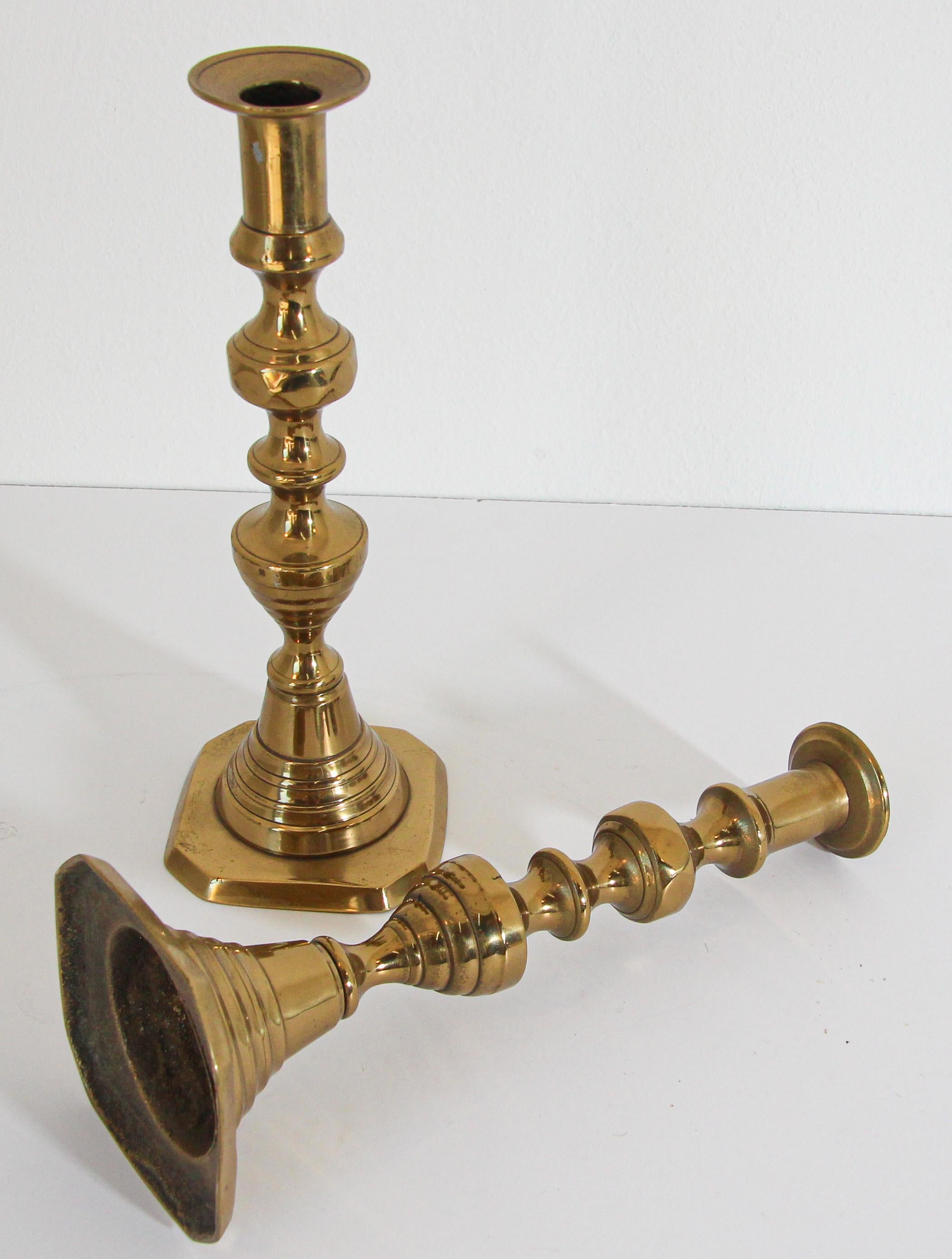 19th C. Pair of Victorian English Brass Beehive Candlesticks For Sale 1