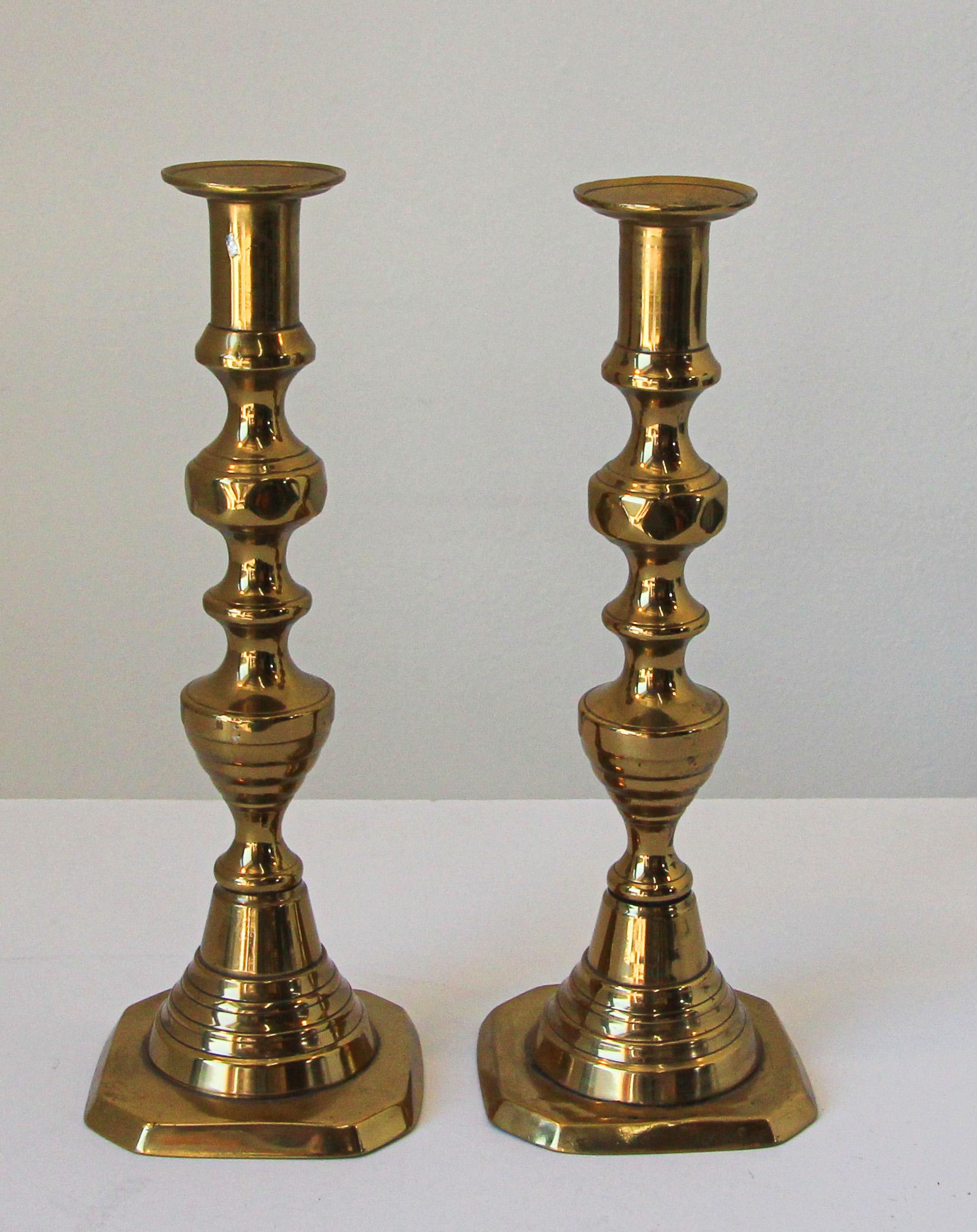 19th C. Pair of Victorian English Brass Beehive Candlesticks For Sale 7