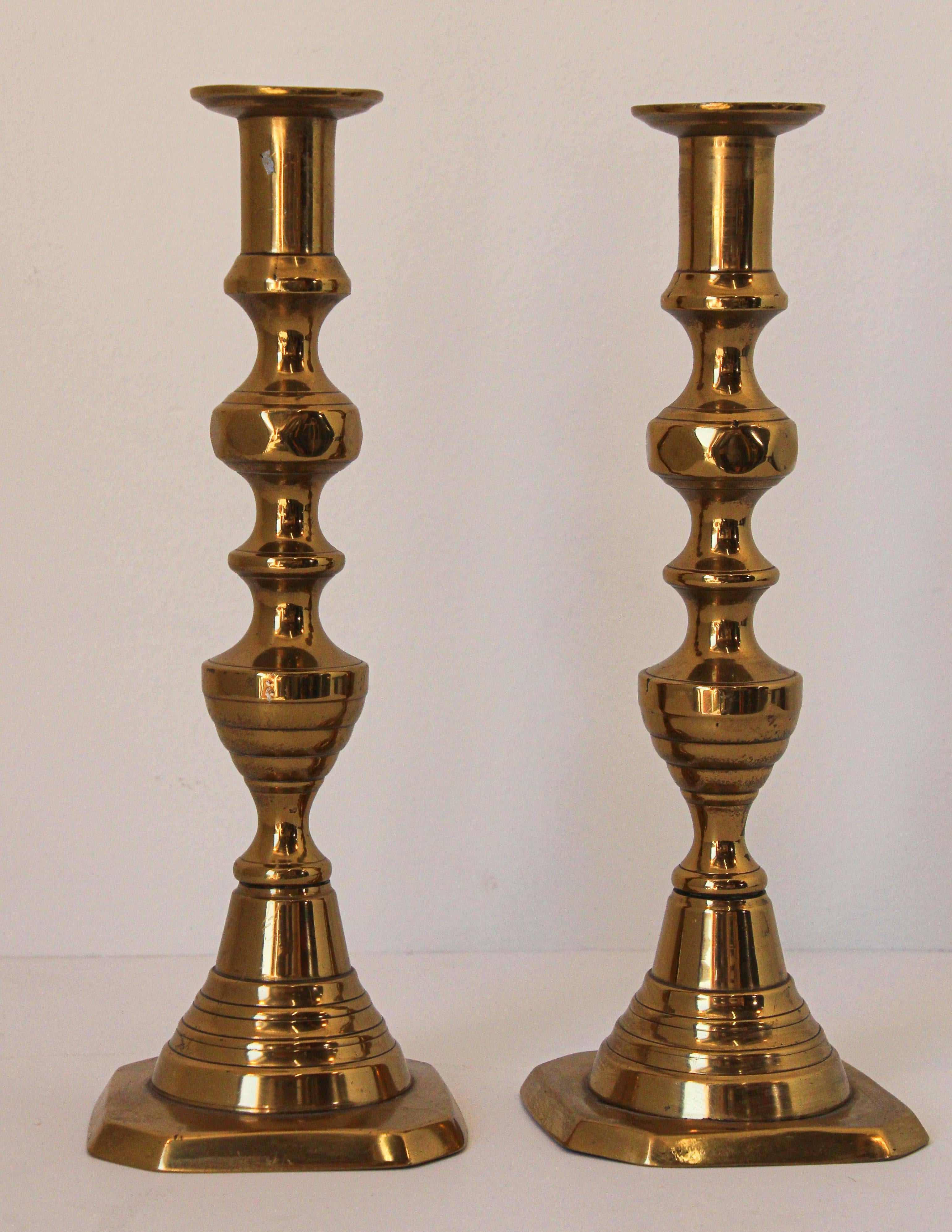 British 19th C. Pair of Victorian English Brass Beehive Candlesticks For Sale