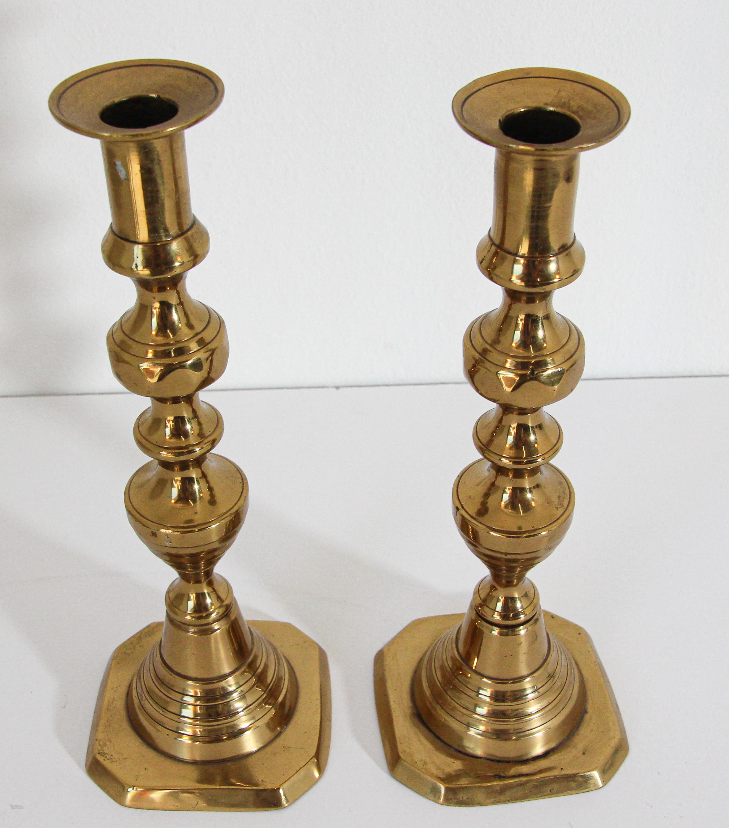 Polished 19th C. Pair of Victorian English Brass Beehive Candlesticks For Sale