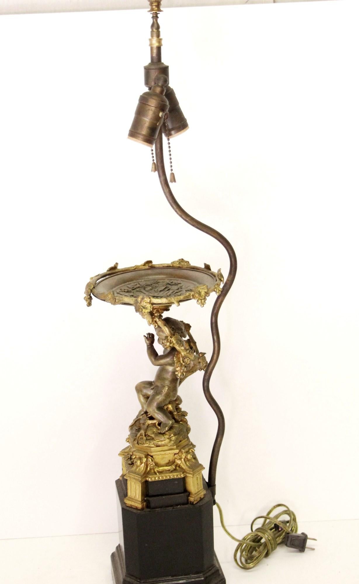 Pair of Victorian Brass Cherubic Onate Table Lamps with Two Lights Each 6