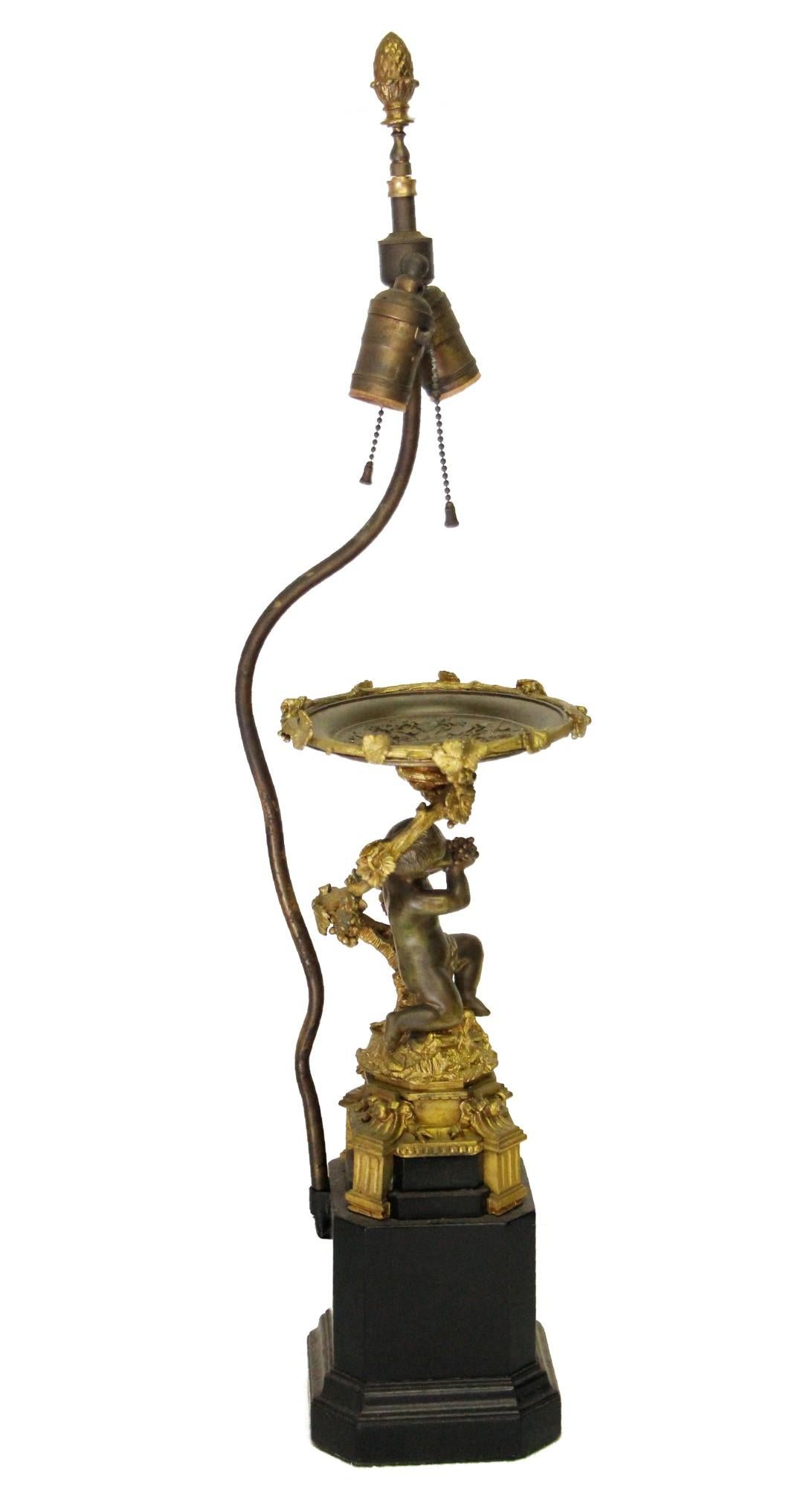 Pair of Victorian Brass Cherubic Onate Table Lamps with Two Lights Each 4