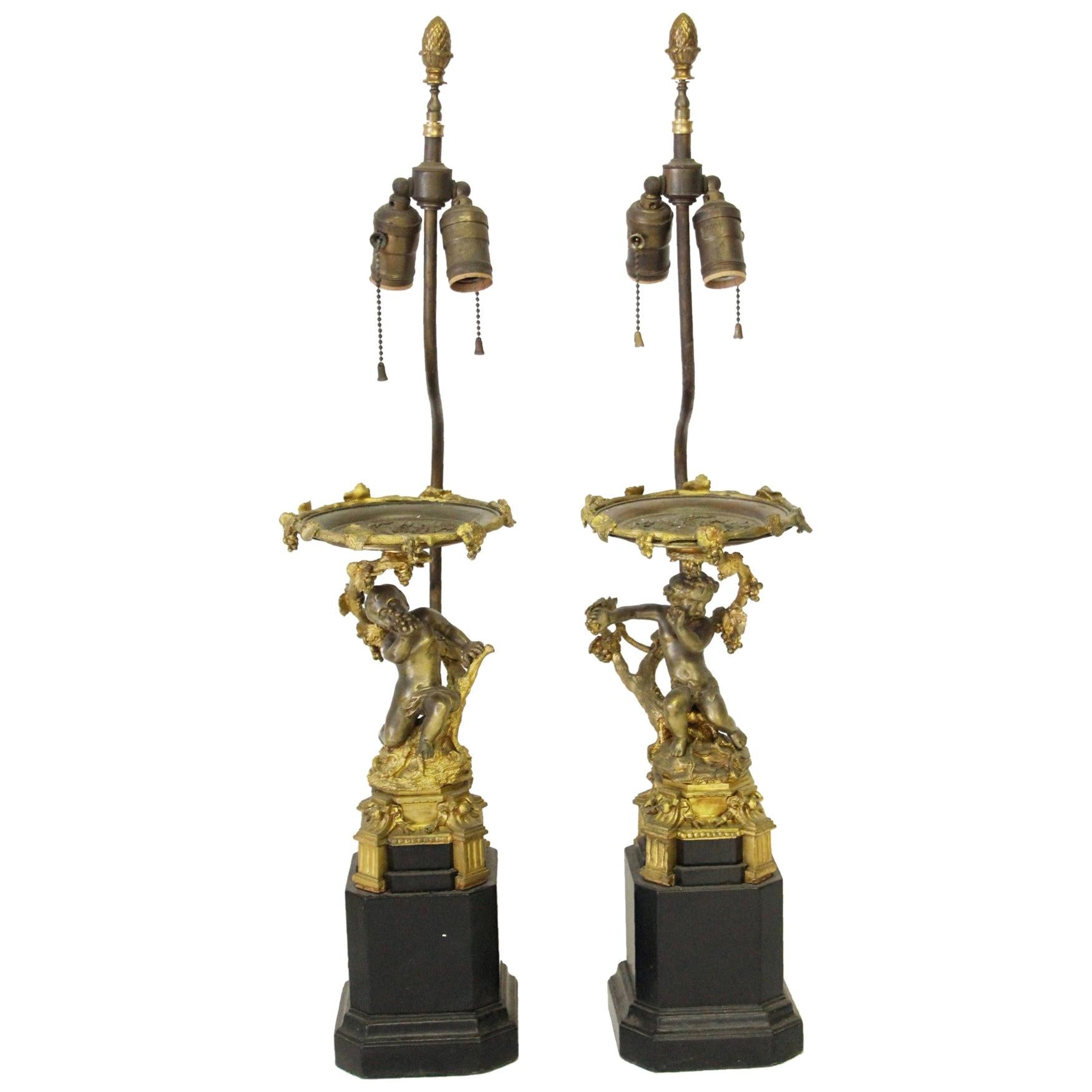 Pair of Victorian Brass Cherubic Onate Table Lamps with Two Lights Each
