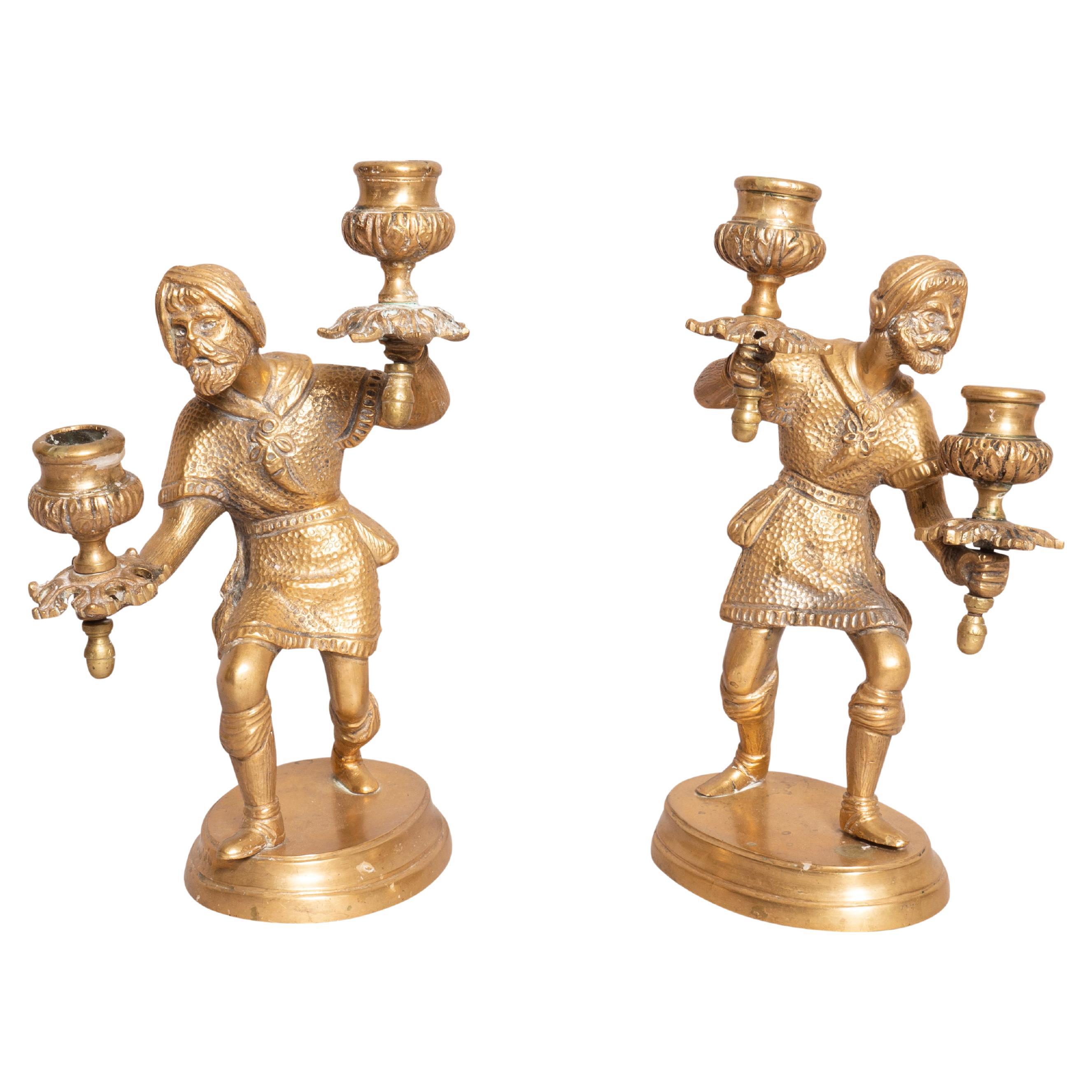 Pair Of Victorian Brass Figural Candlesticks For Sale