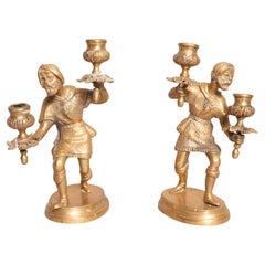 Antique Pair Of Victorian Brass Figural Candlesticks