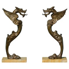 Pair of Victorian Brass Monopedia Dragons on Marble Bases