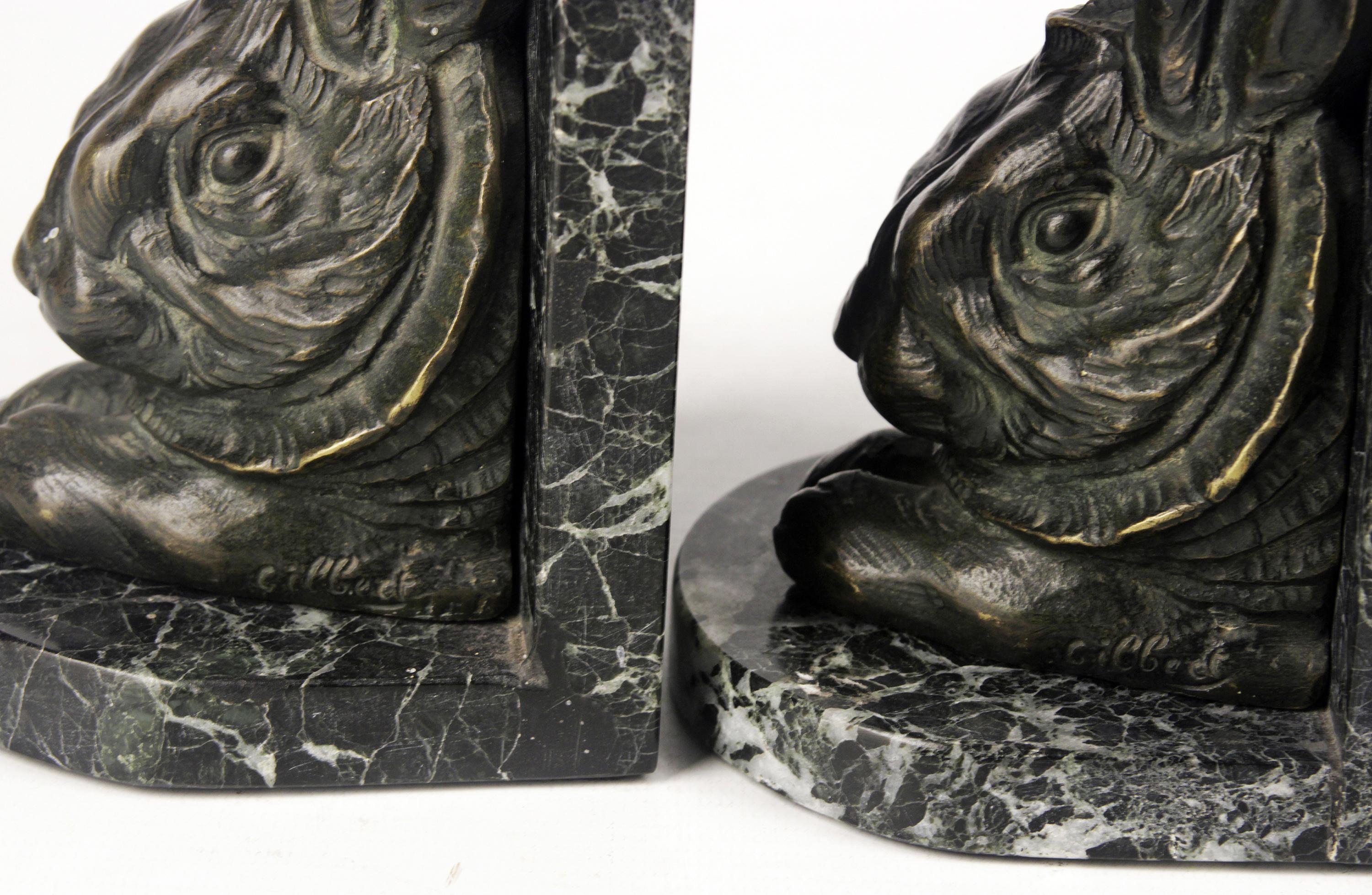 English Pair of Victorian Bronze Rabbit Head Bookends in Marble Plinths by A. Gilbert For Sale