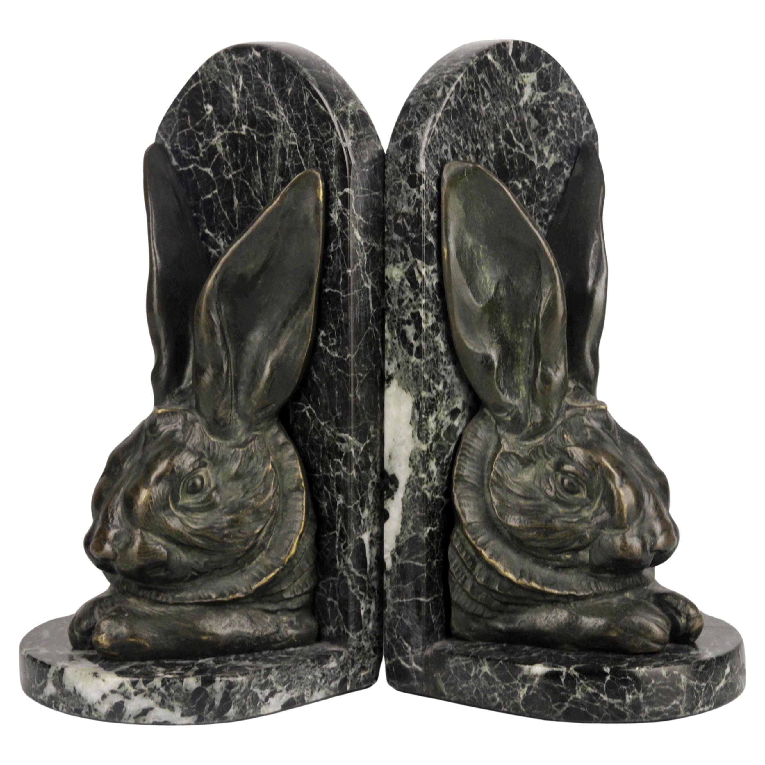 Pair of Victorian Bronze Rabbit Head Bookends in Marble Plinths by A. Gilbert For Sale