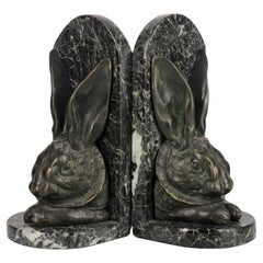 Pair of Victorian Bronze Rabbit Head Bookends in Marble Plinths by A. Gilbert