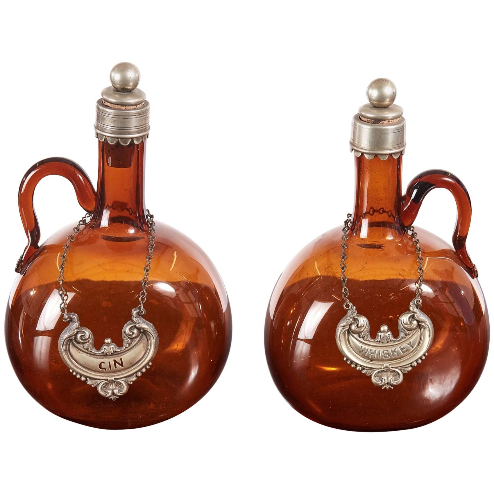 Pair of Victorian Brown Glass Decanters For Sale
