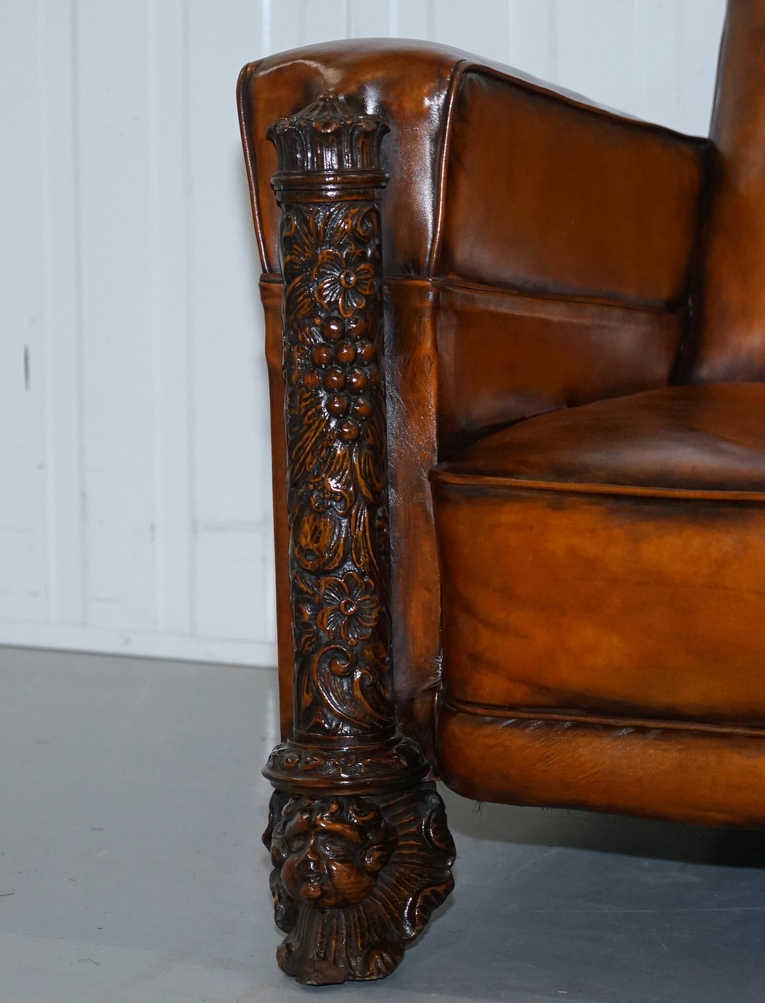 Pair of Victorian Brown Leather Club Armchairs 17th Century Cherub Putti Angels 3