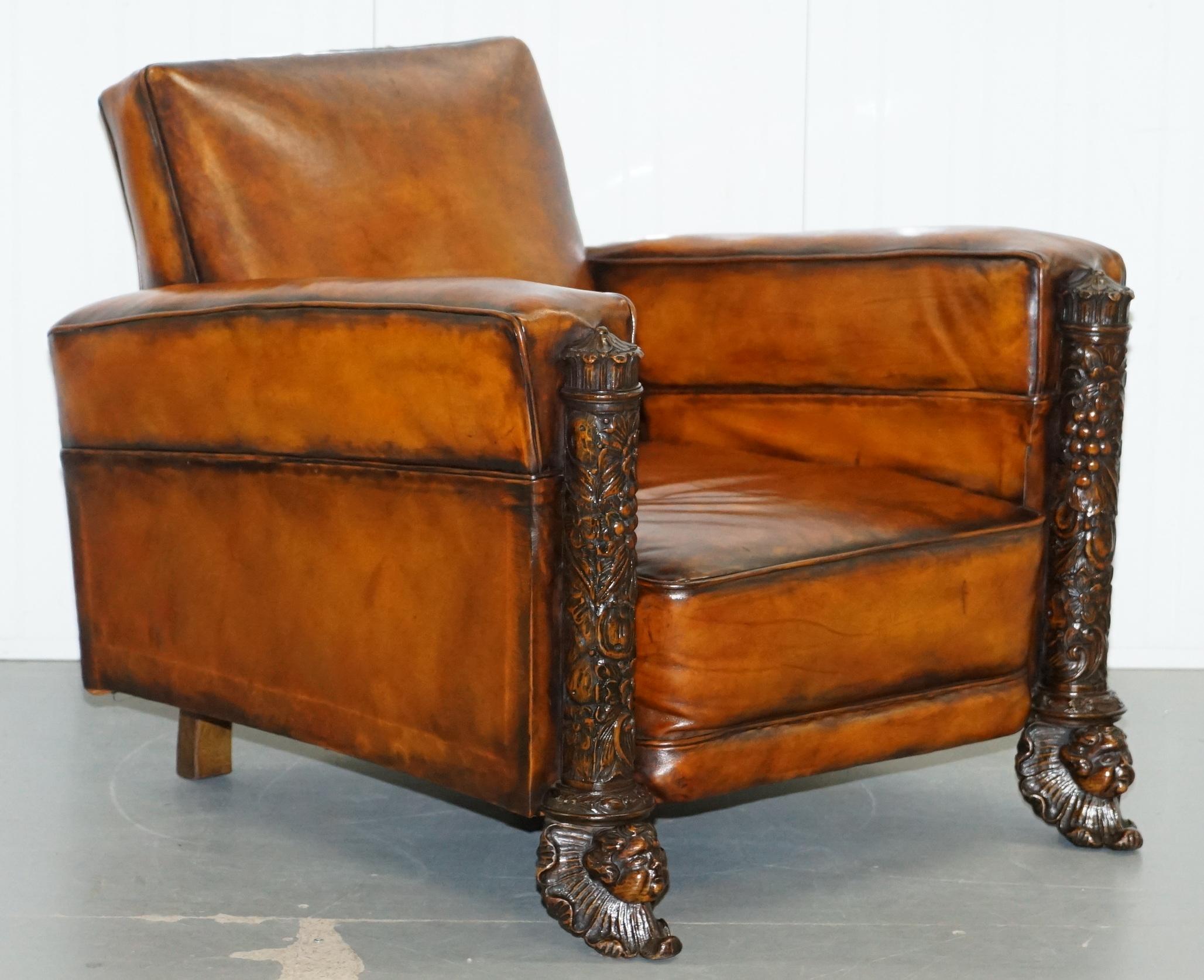 Pair of Victorian Brown Leather Club Armchairs 17th Century Cherub Putti Angels 6