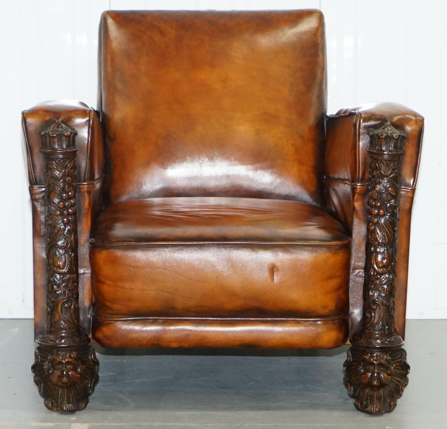 Pair of Victorian Brown Leather Club Armchairs 17th Century Cherub Putti Angels 7