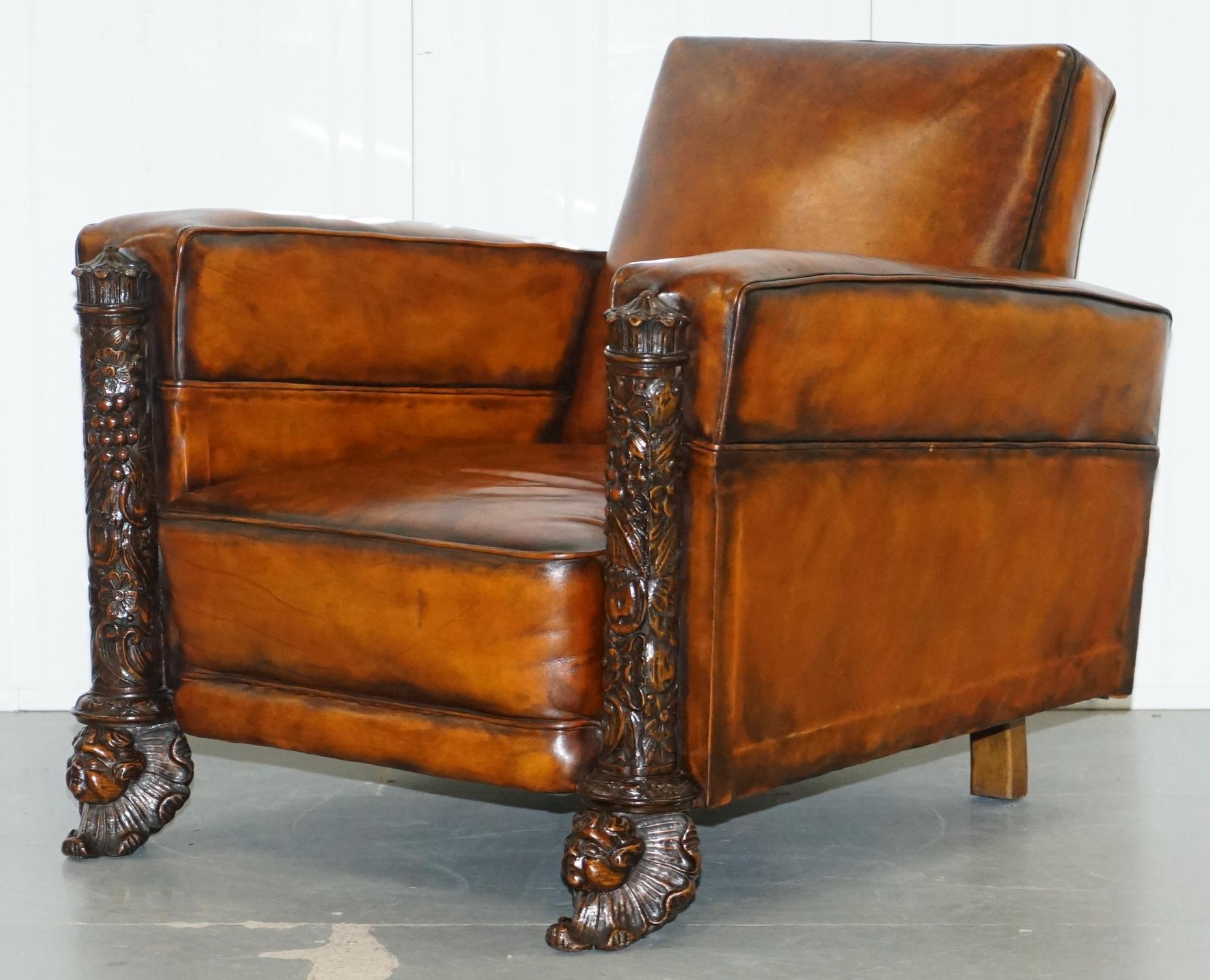 Pair of Victorian Brown Leather Club Armchairs 17th Century Cherub Putti Angels 8