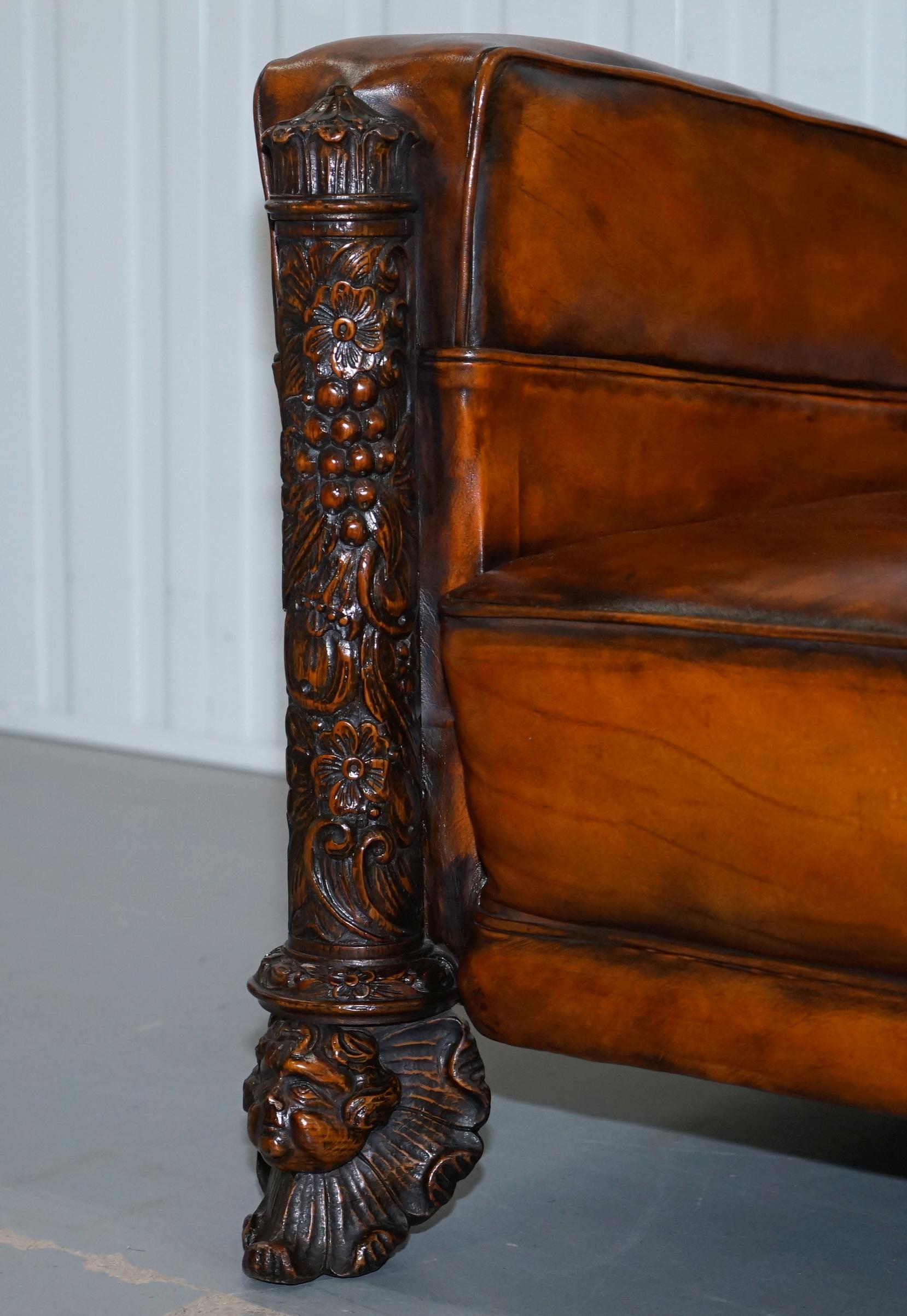 Pair of Victorian Brown Leather Club Armchairs 17th Century Cherub Putti Angels 9