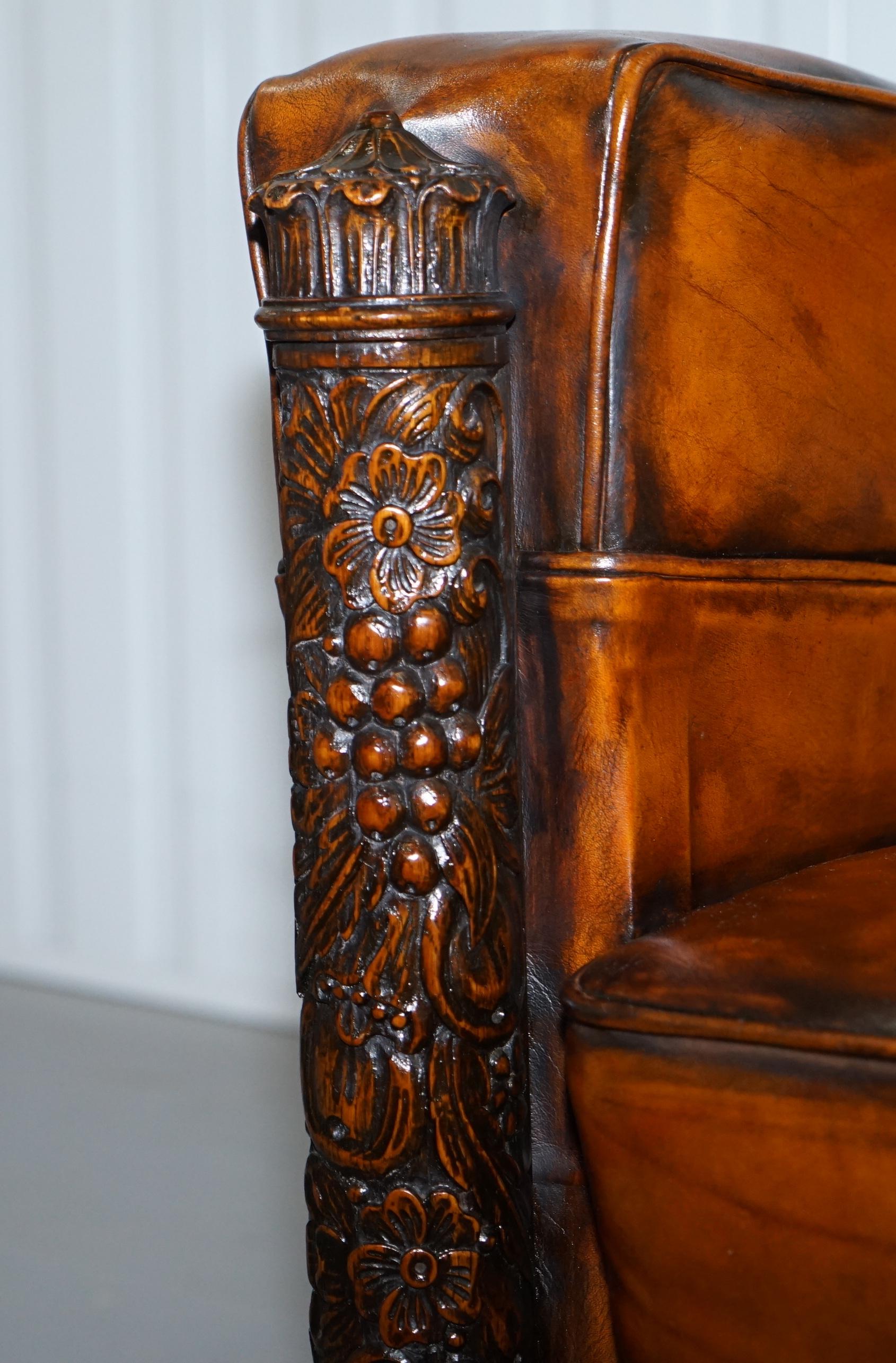 Pair of Victorian Brown Leather Club Armchairs 17th Century Cherub Putti Angels 10