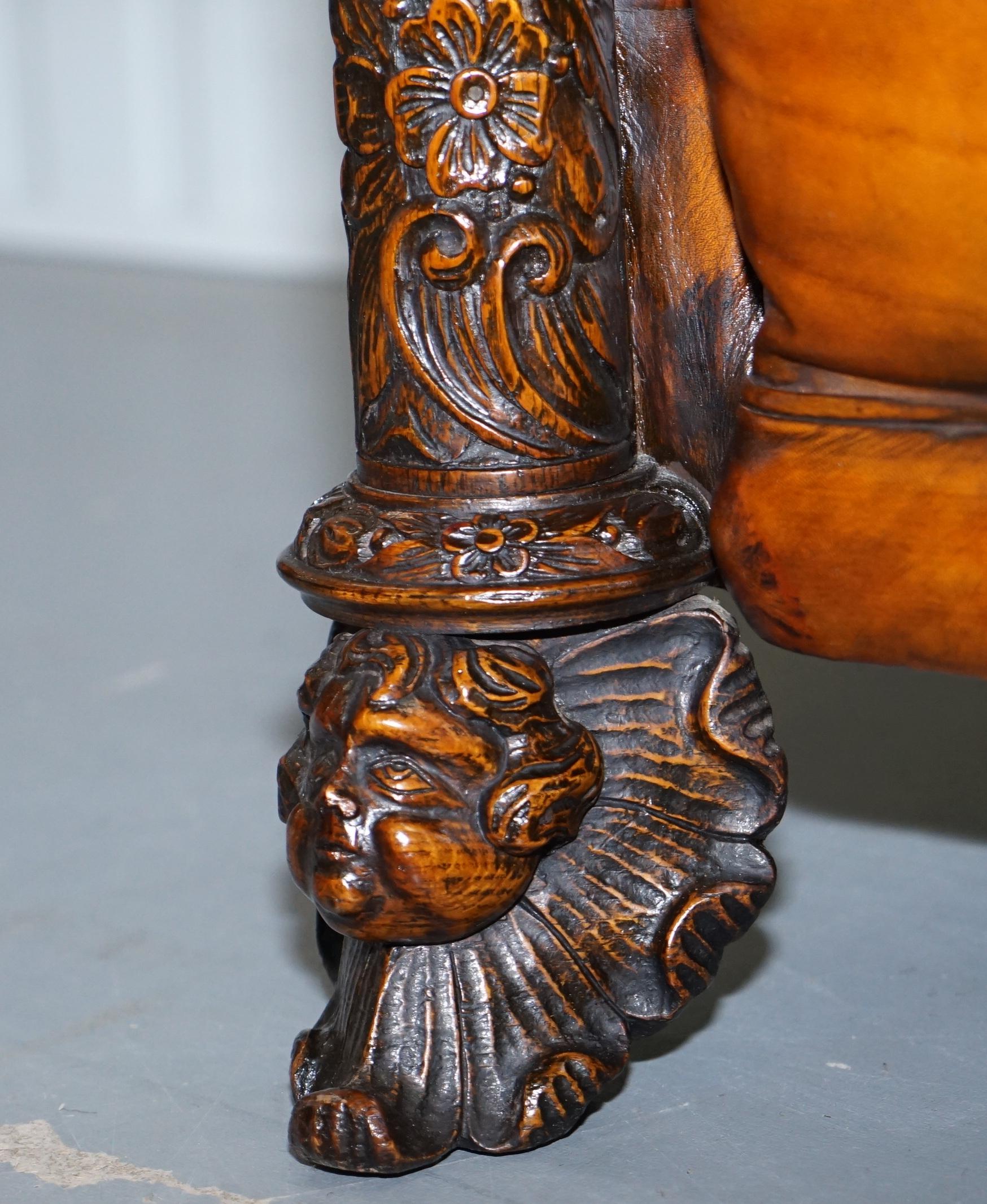 Pair of Victorian Brown Leather Club Armchairs 17th Century Cherub Putti Angels 11