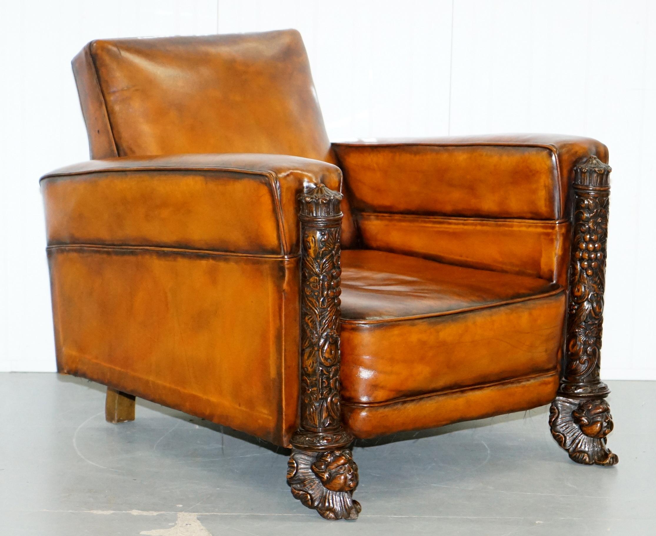 We are delighted to offer for sale this very rare pair of original circa 1860 fully sprung restored aged brown leather club armchairs with 18th century Cherub Putti Angels to the base of floral wrapped pillars.

Never again will these chairs be