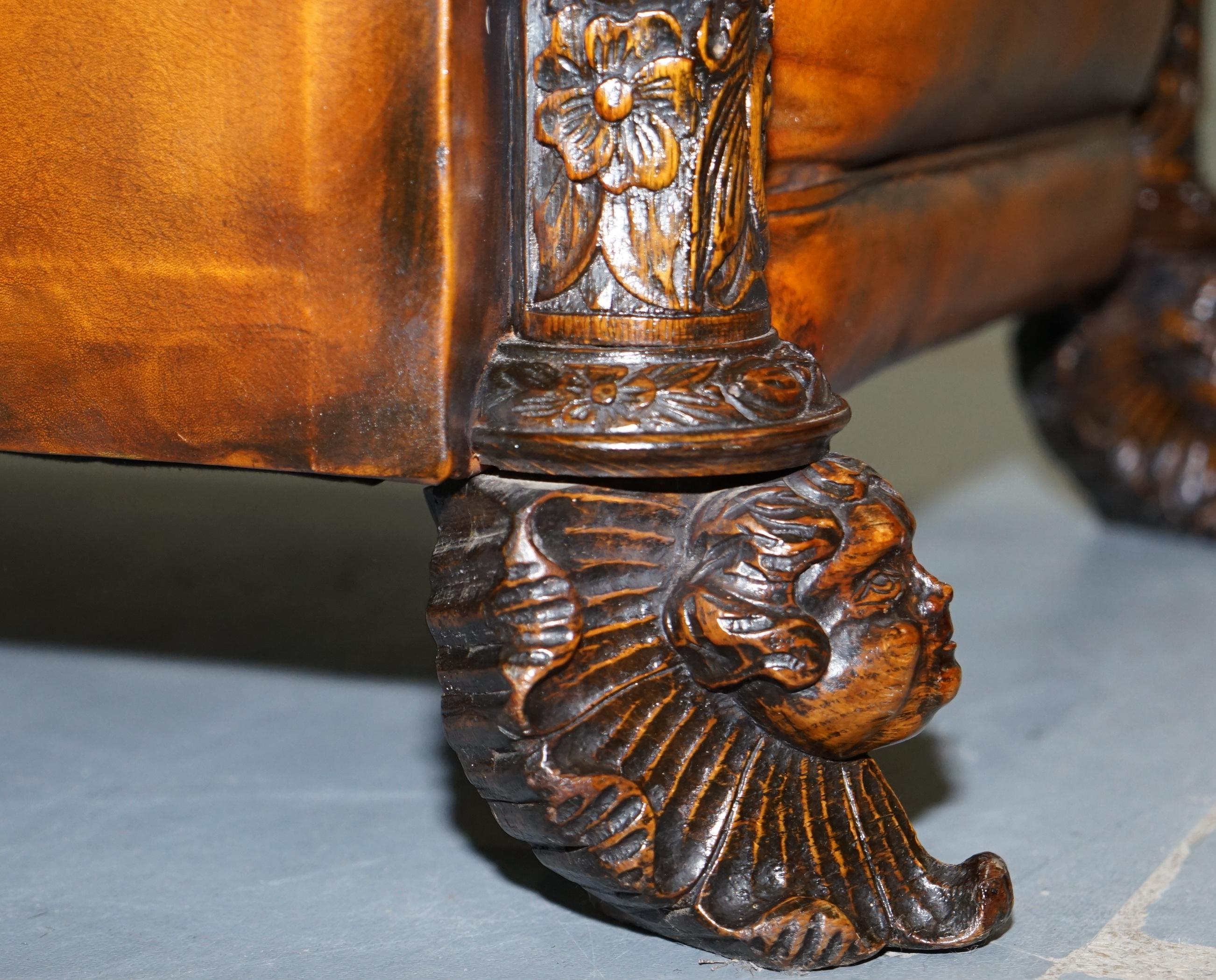 Pair of Victorian Brown Leather Club Armchairs 17th Century Cherub Putti Angels 13