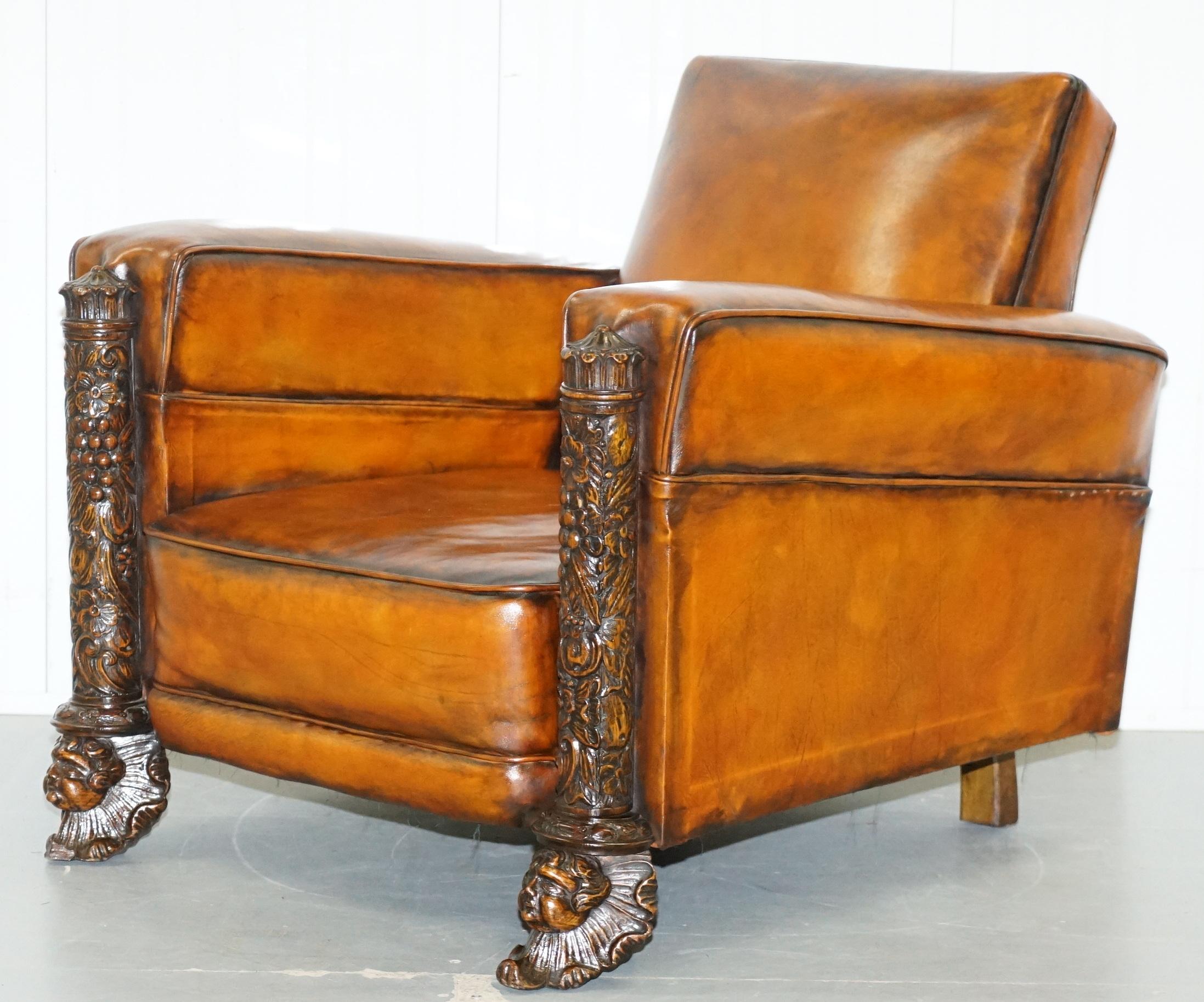 Pair of Victorian Brown Leather Club Armchairs 17th Century Cherub Putti Angels (Englisch)