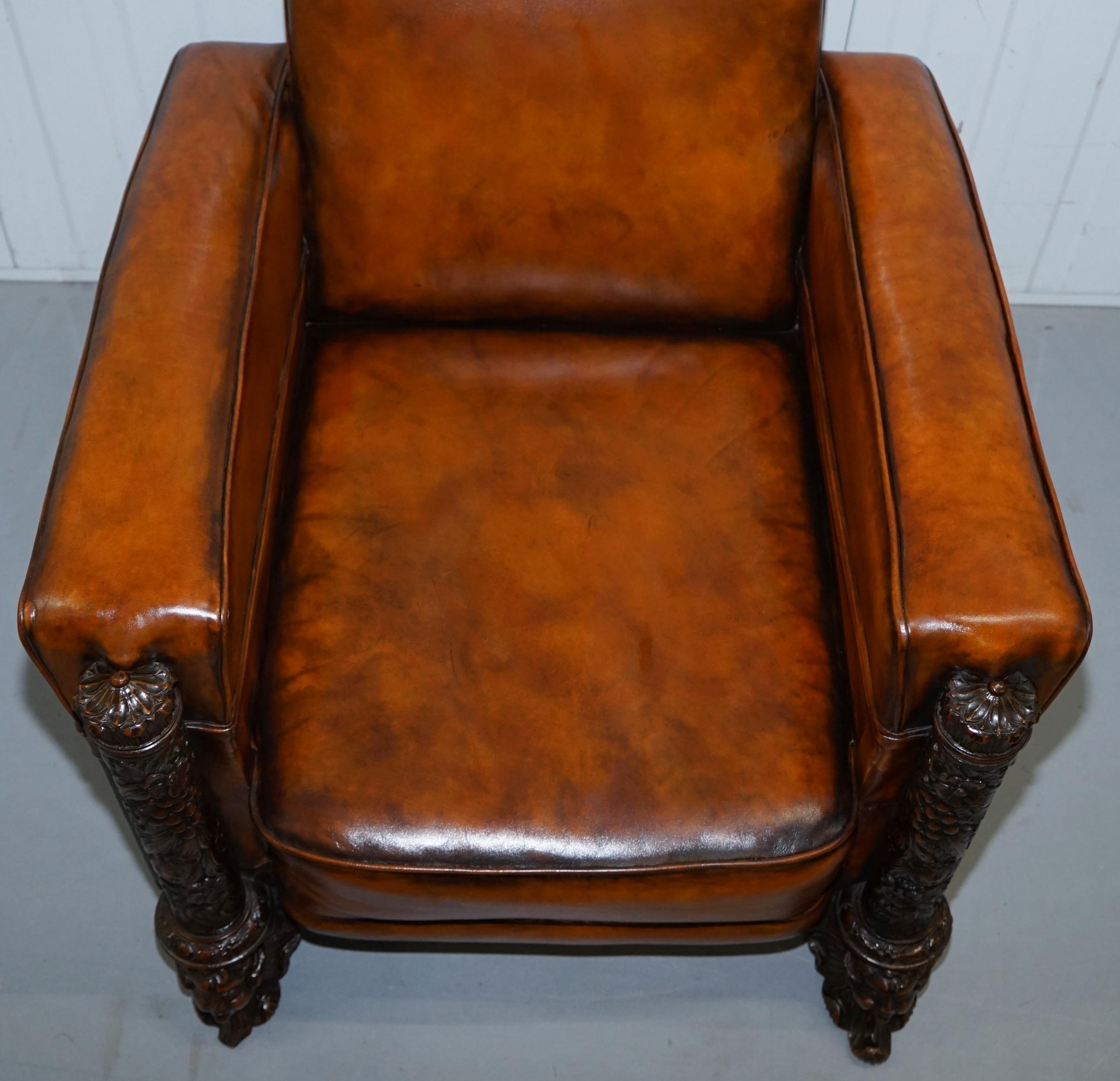 Pair of Victorian Brown Leather Club Armchairs 17th Century Cherub Putti Angels (18. Jahrhundert und früher)