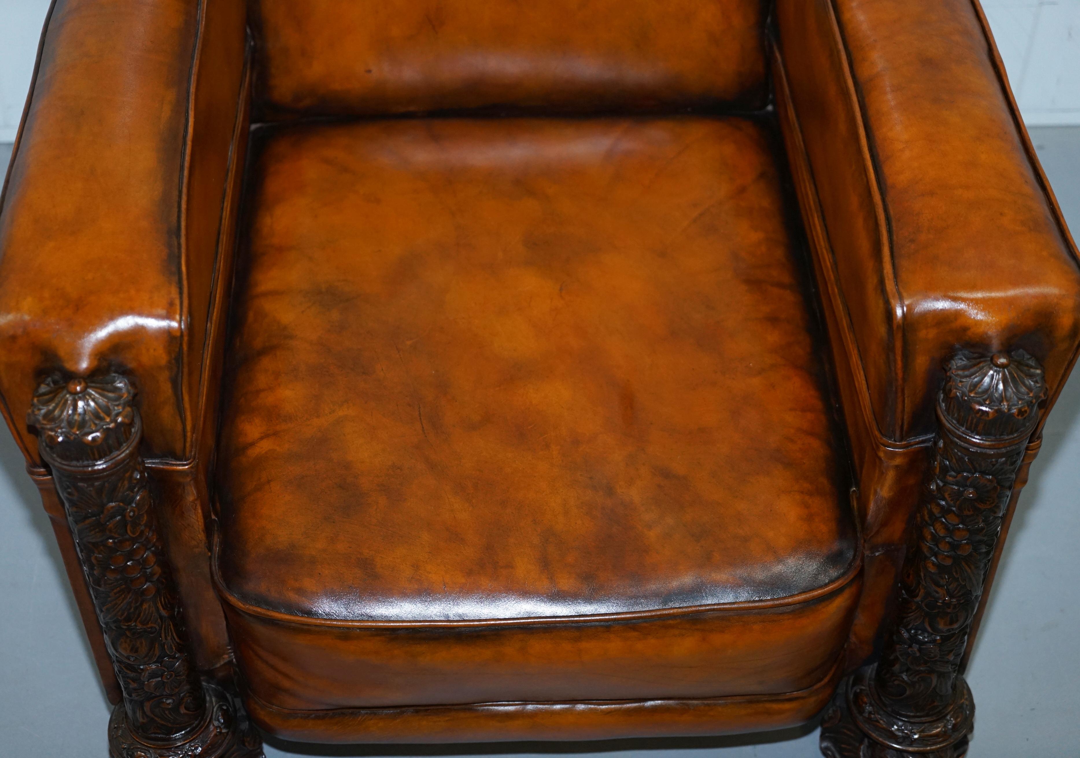 Pair of Victorian Brown Leather Club Armchairs 17th Century Cherub Putti Angels 1